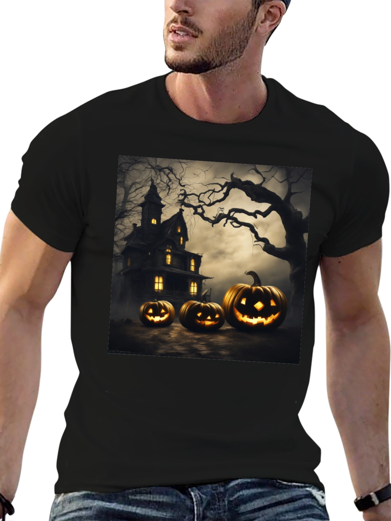 Spooky Halloween T-Shirt with Pumpkin House Design