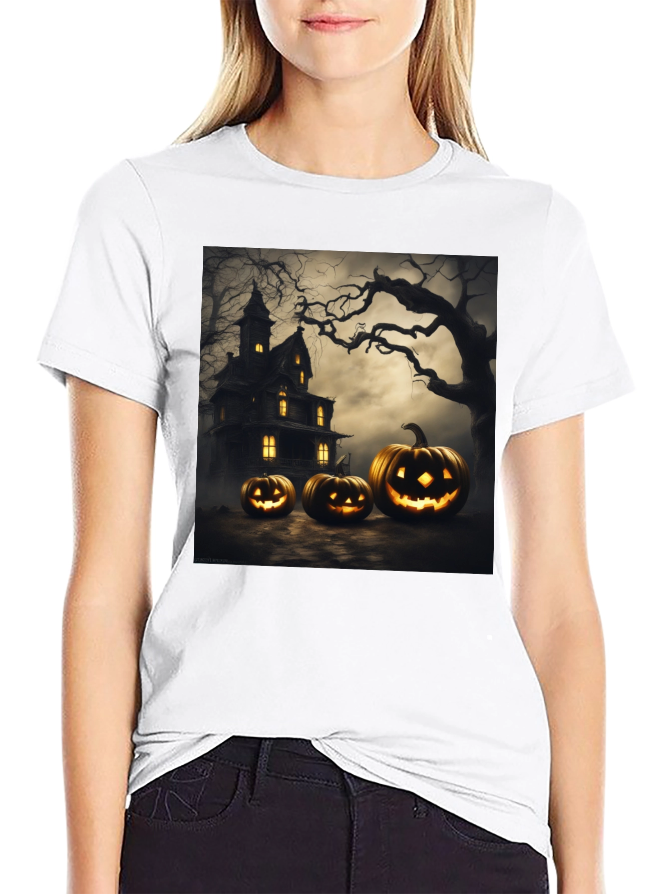 Spooky Halloween T-Shirt with Pumpkin House Design