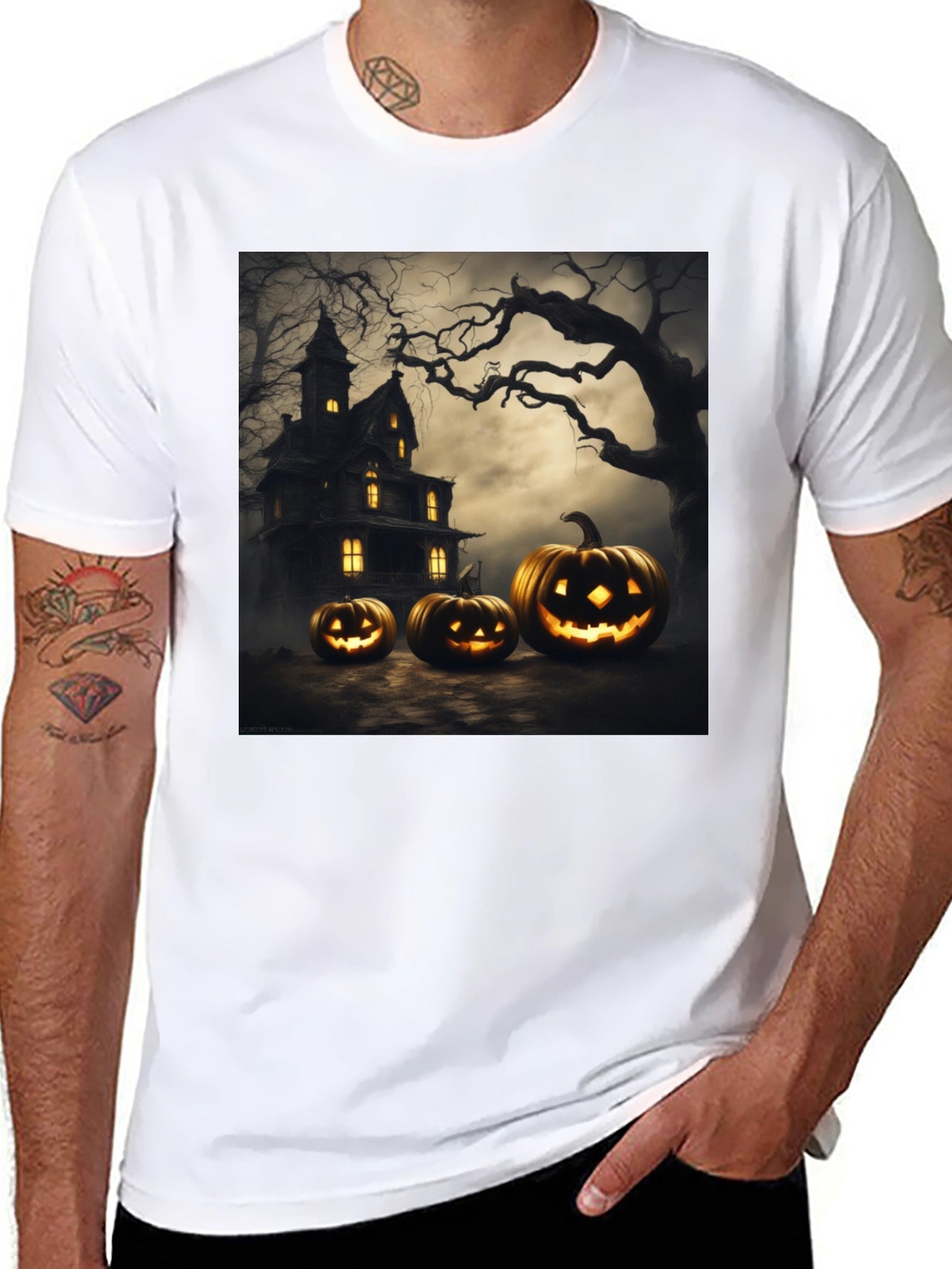 Spooky Halloween T-Shirt with Pumpkin House Design