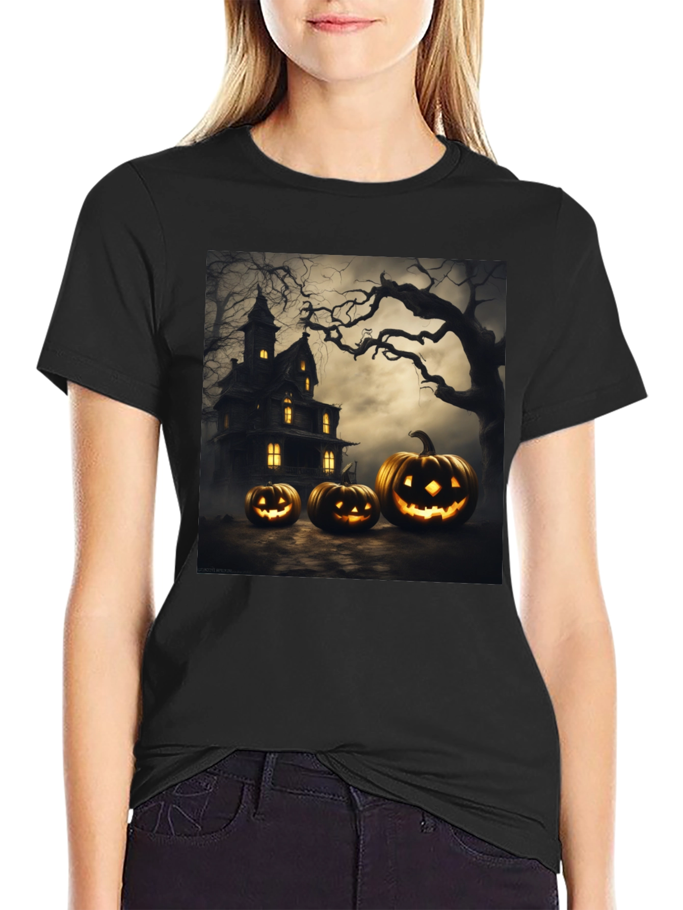 Spooky Halloween T-Shirt with Pumpkin House Design