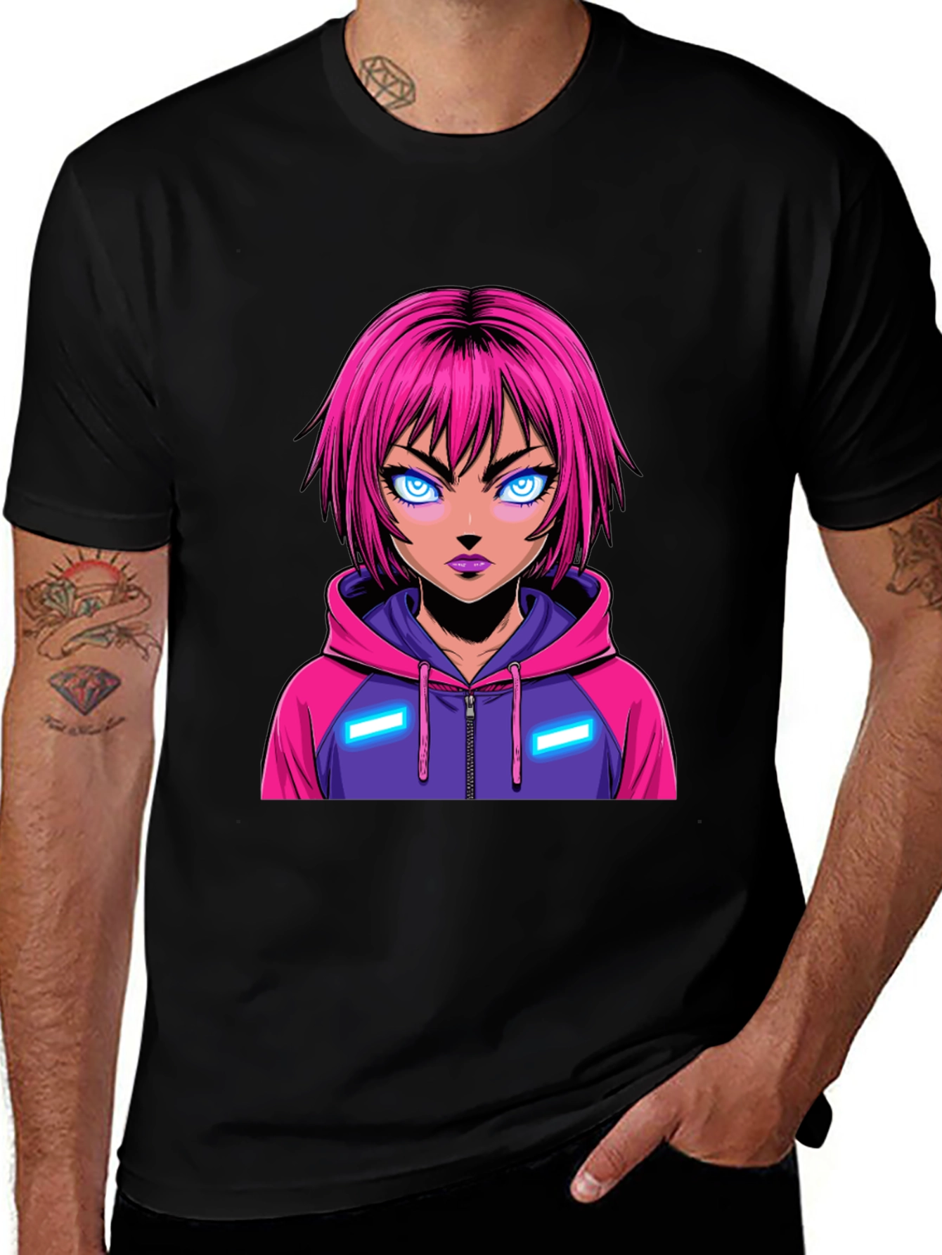 Anime Girl Graphic Tee - Pink Hair Hoodie
