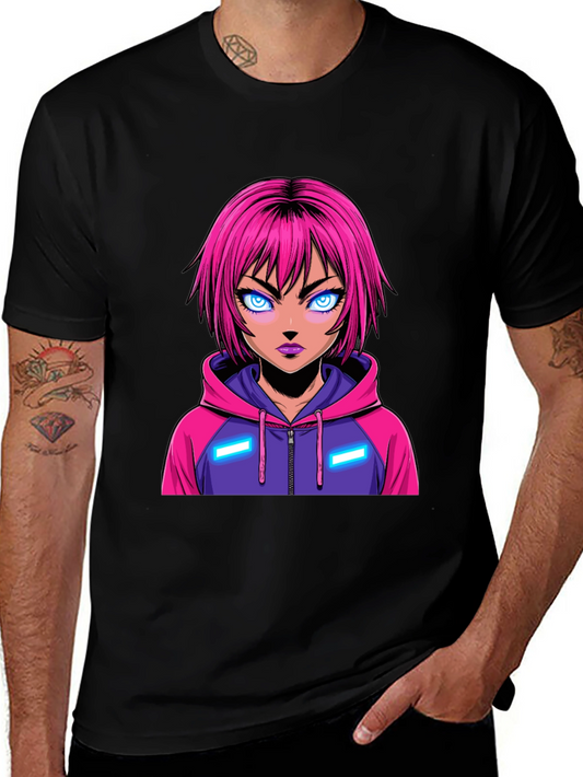 Anime Girl Graphic Tee - Pink Hair Hoodie
