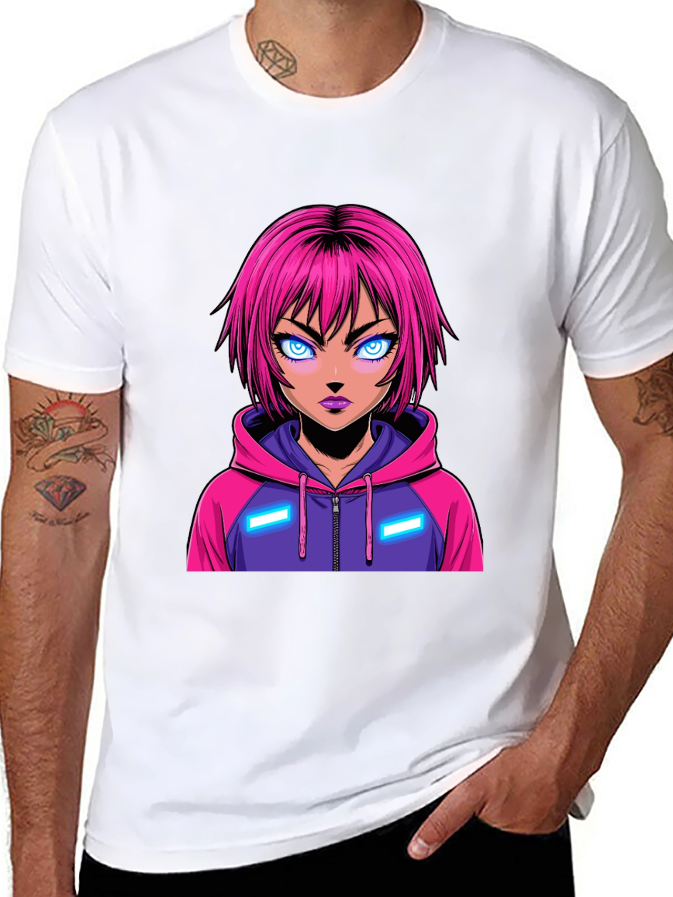 Anime Girl Graphic Tee - Pink Hair Hoodie
