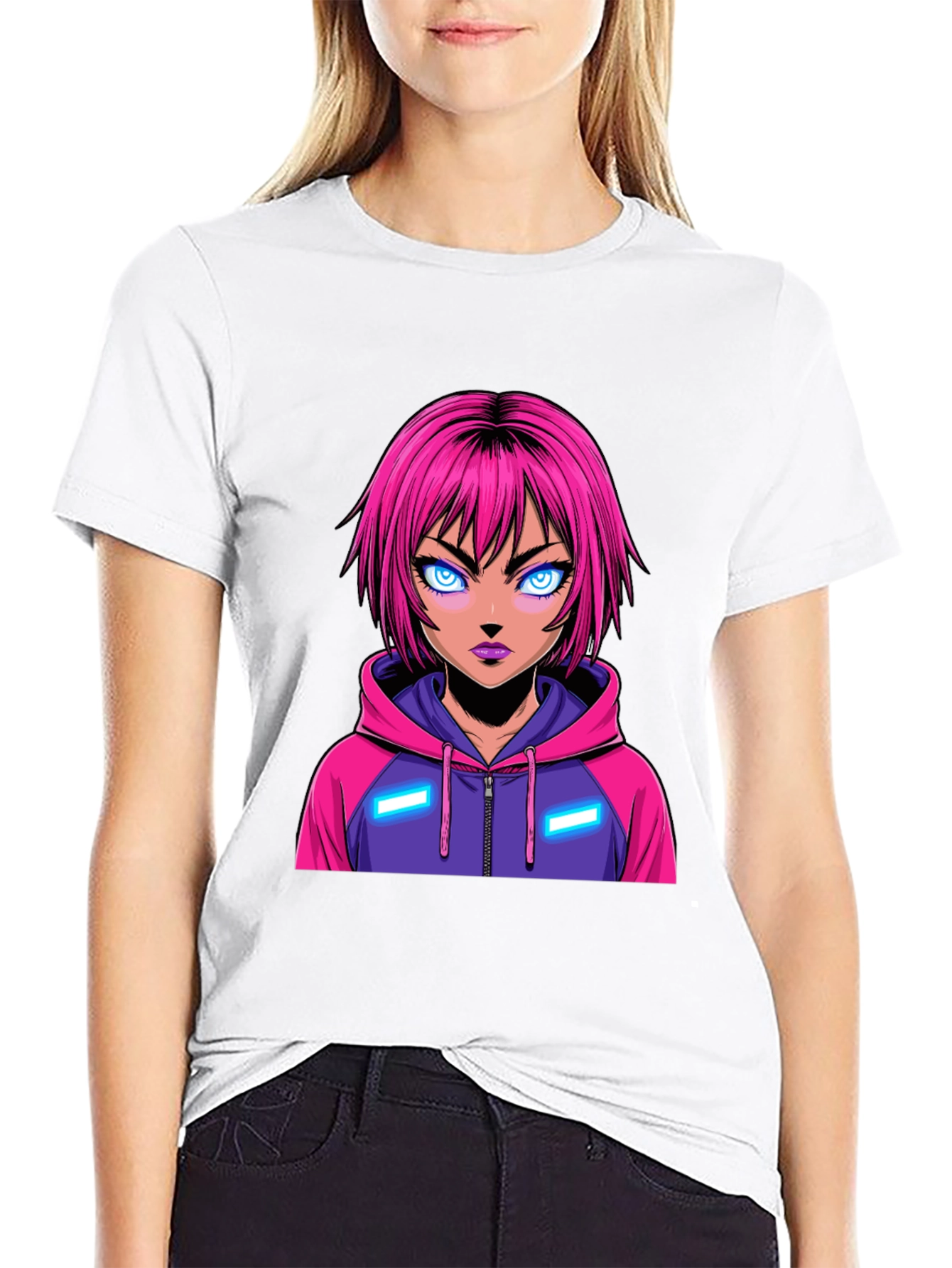 Anime Girl Graphic Tee - Pink Hair Hoodie