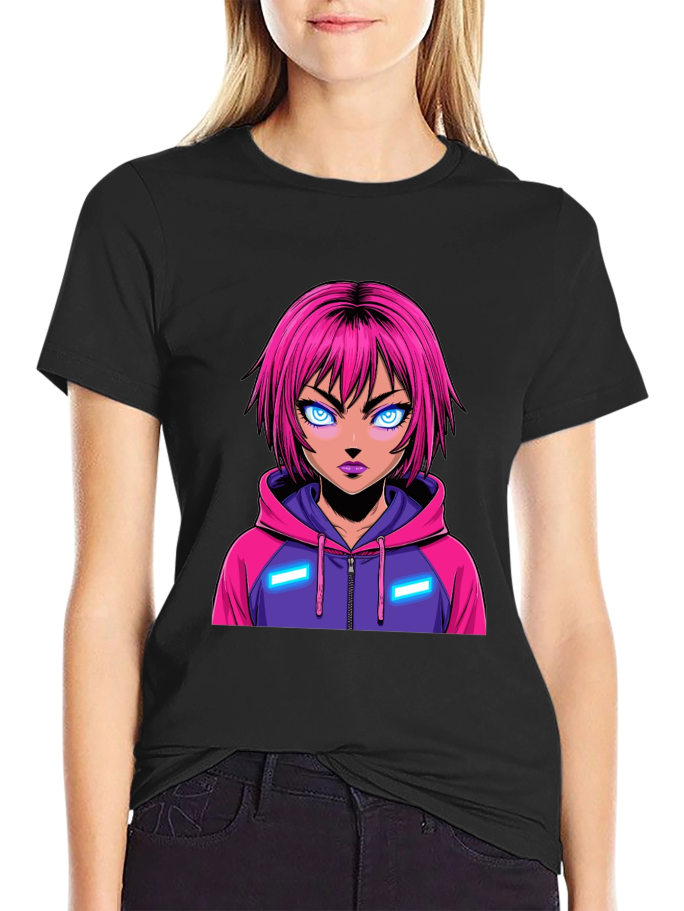 Anime Girl Graphic Tee - Pink Hair Hoodie