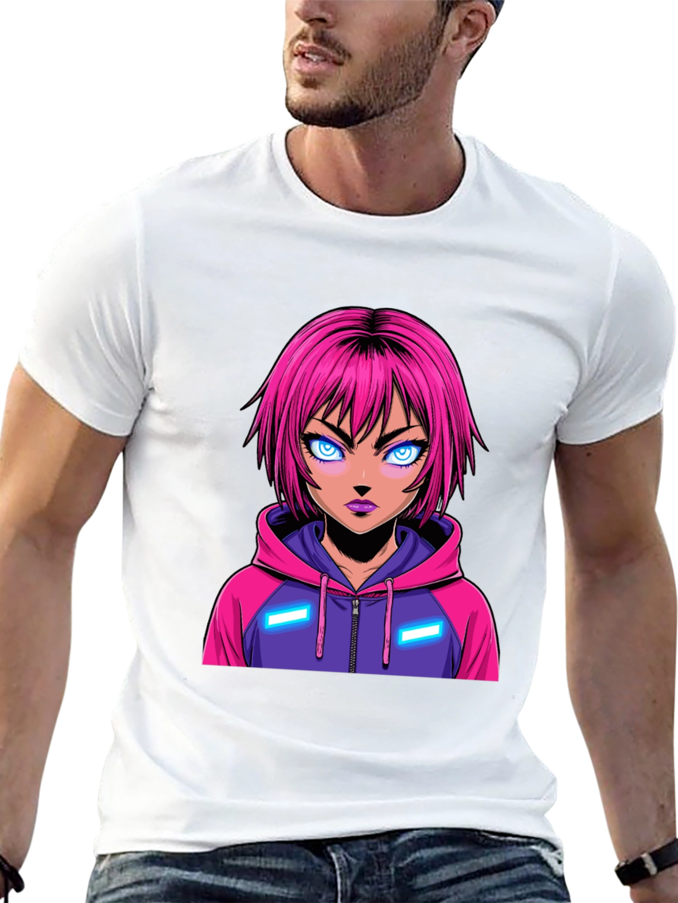Anime Girl Graphic Tee - Pink Hair Hoodie