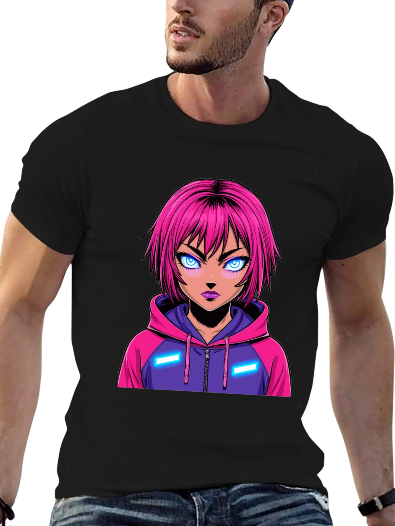 Anime Girl Graphic Tee - Pink Hair Hoodie