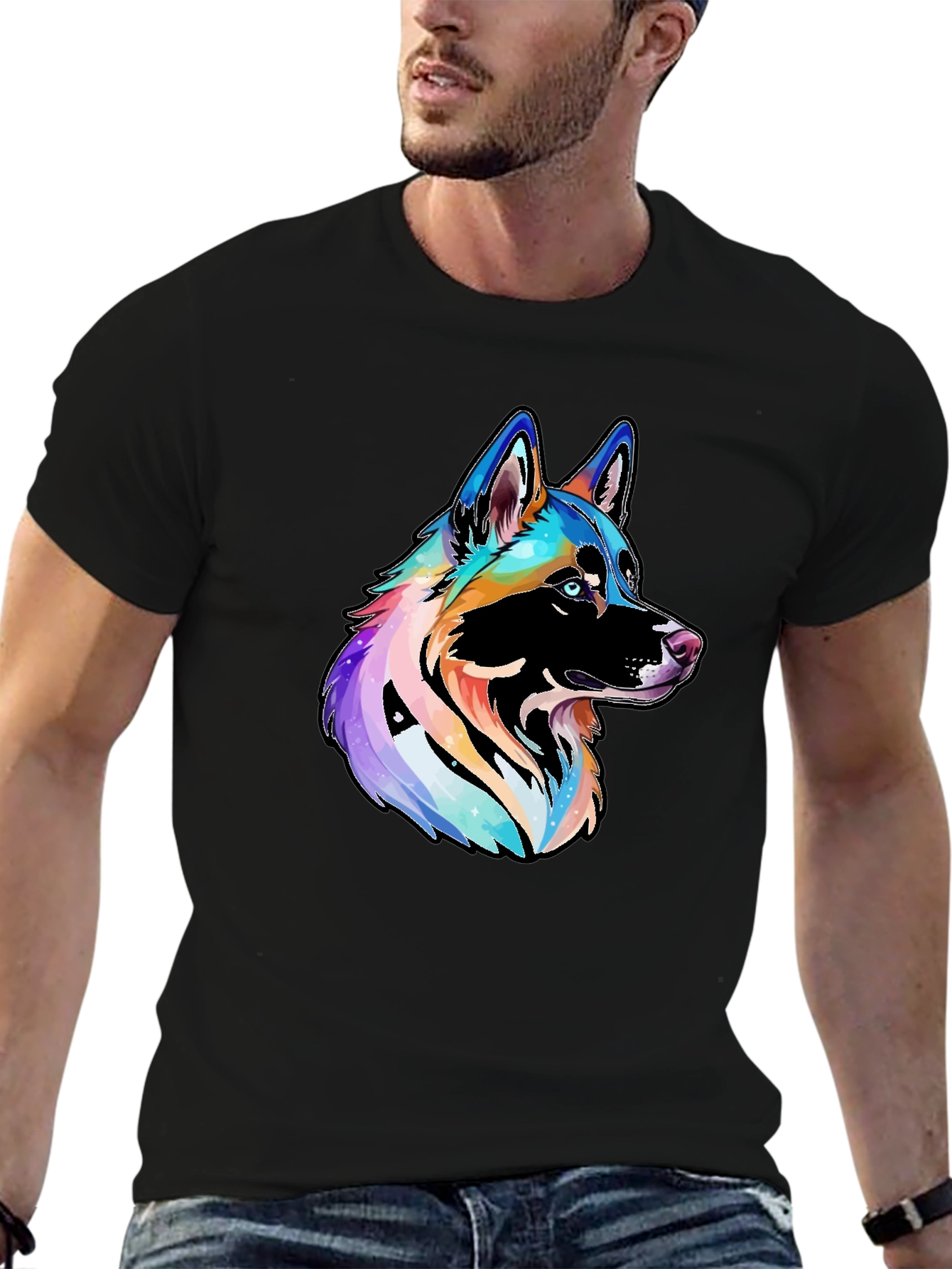 Vibrant Rainbow Dog Graphic Black T-Shirt