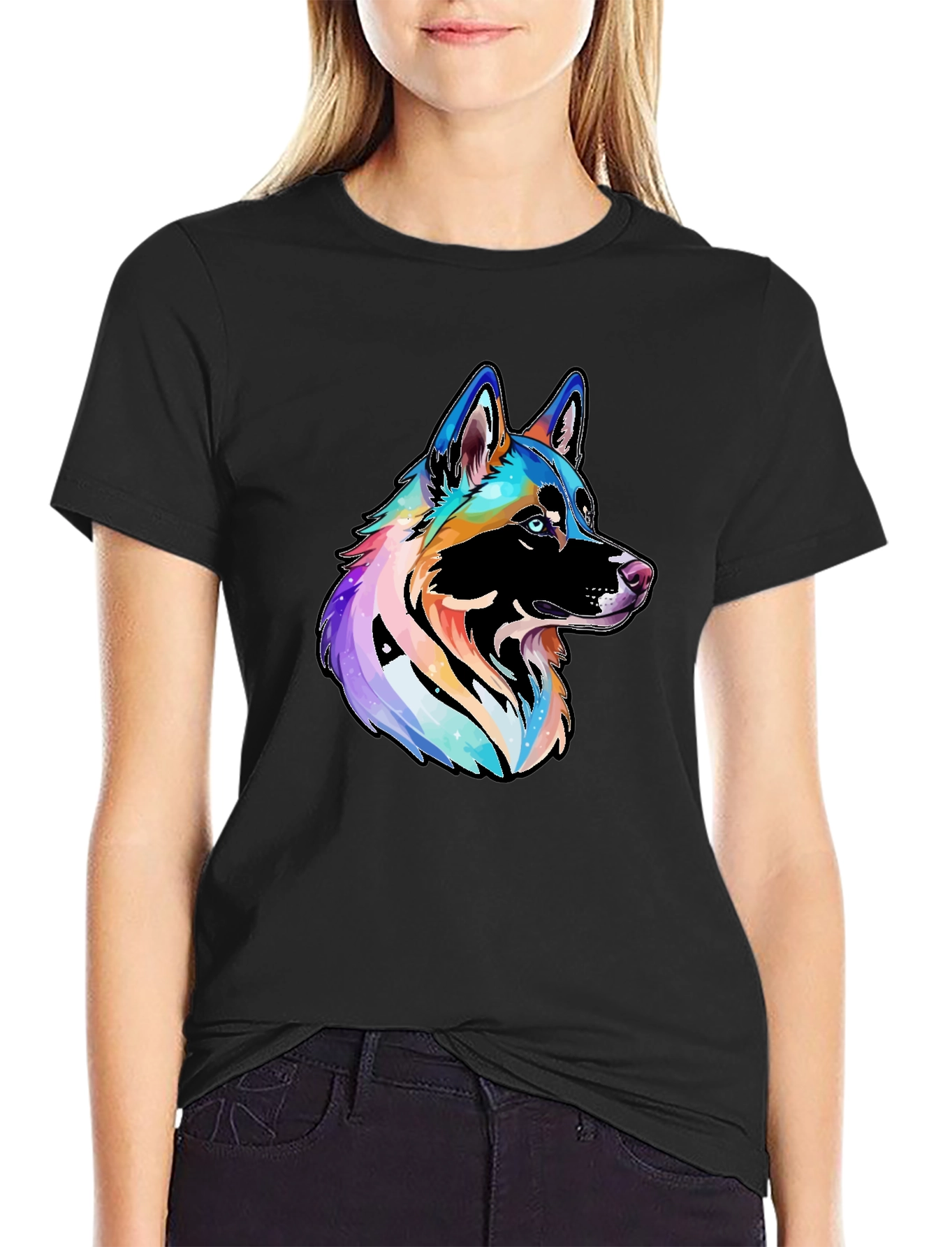 Vibrant Rainbow Dog Graphic Black T-Shirt