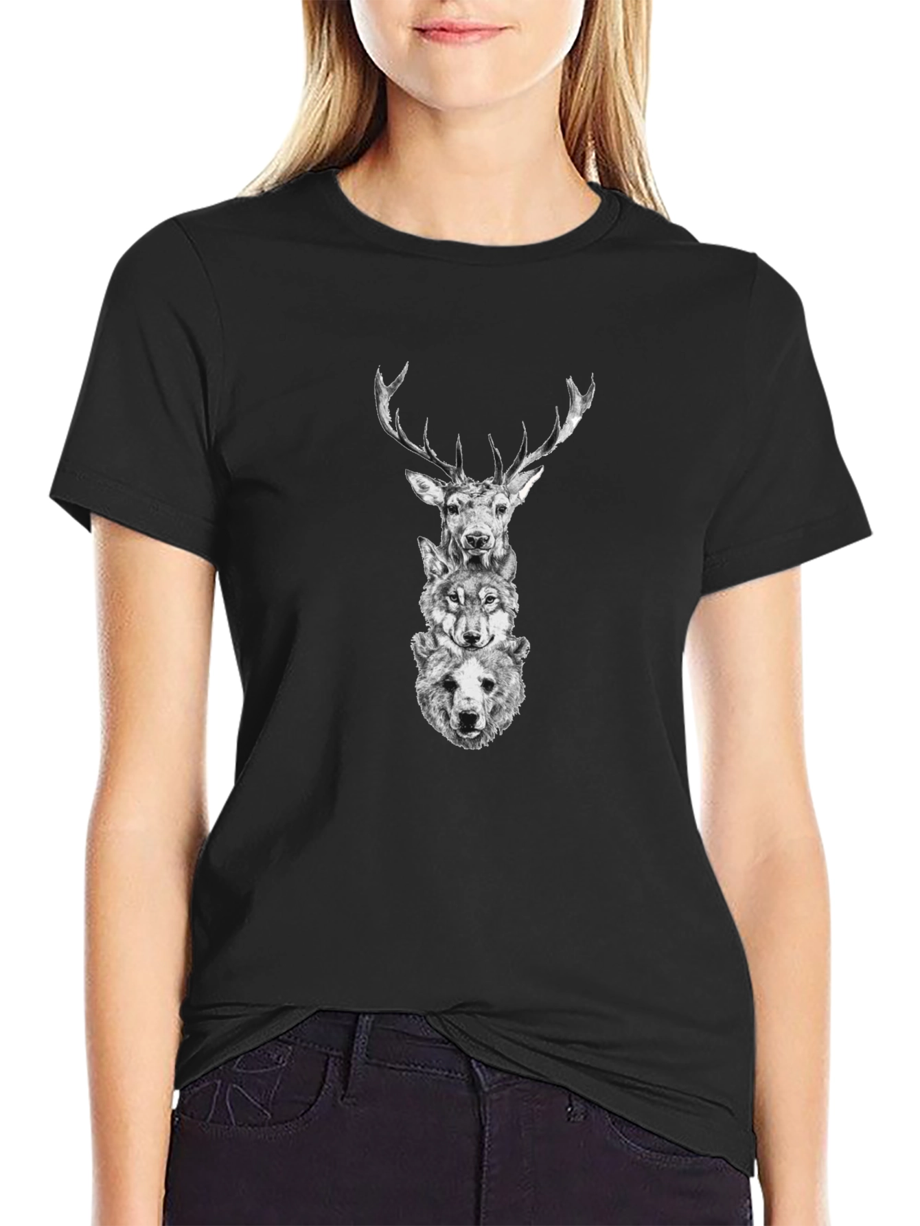 Animal Stack Graphic Tee - Deer Wolf Bear Print
