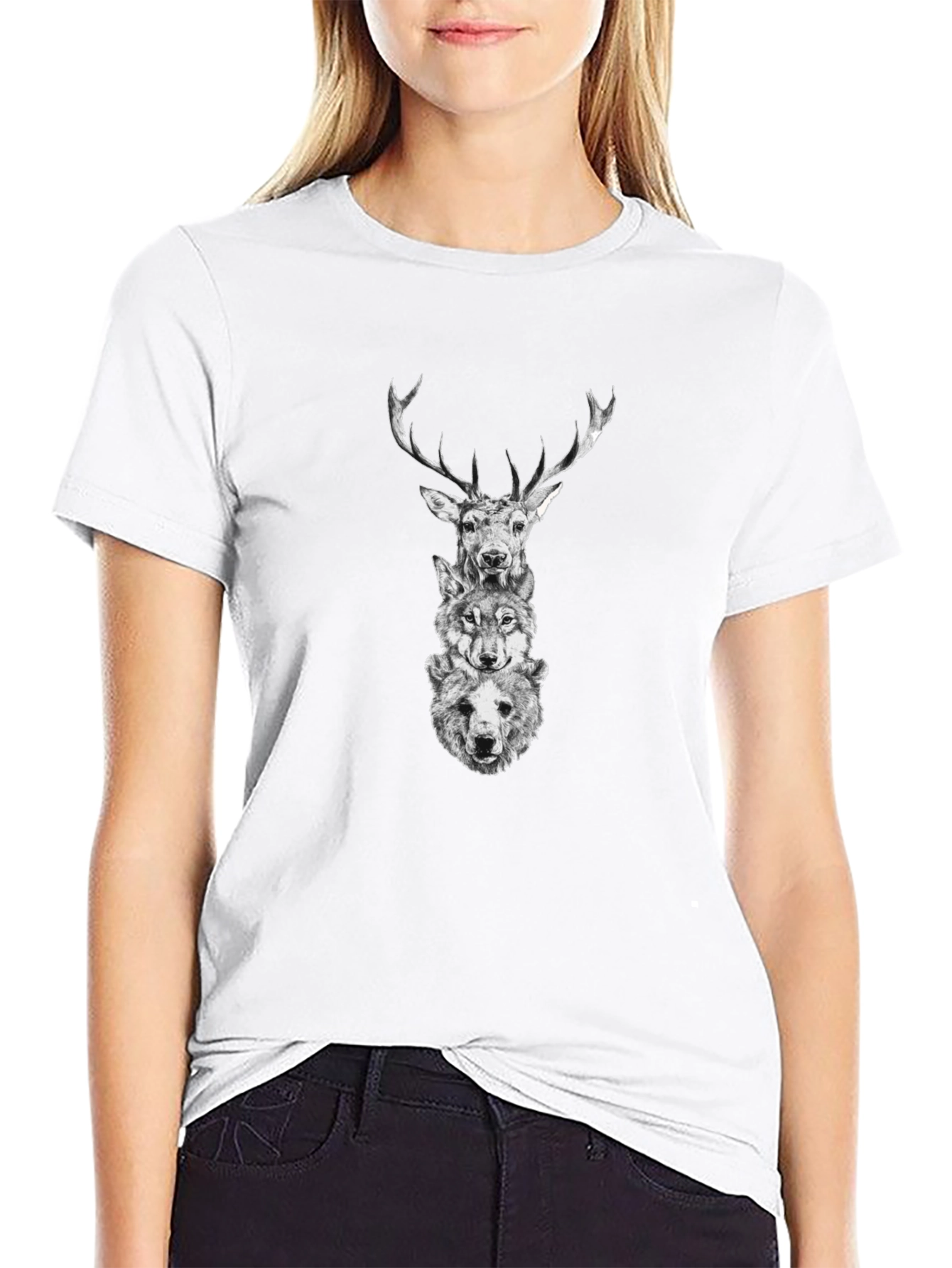 Animal Stack Graphic Tee - Deer Wolf Bear Print