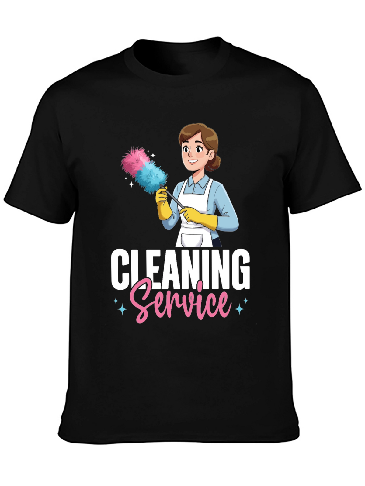 Cleaning Service Cartoon Graphic T-Shirt - Black