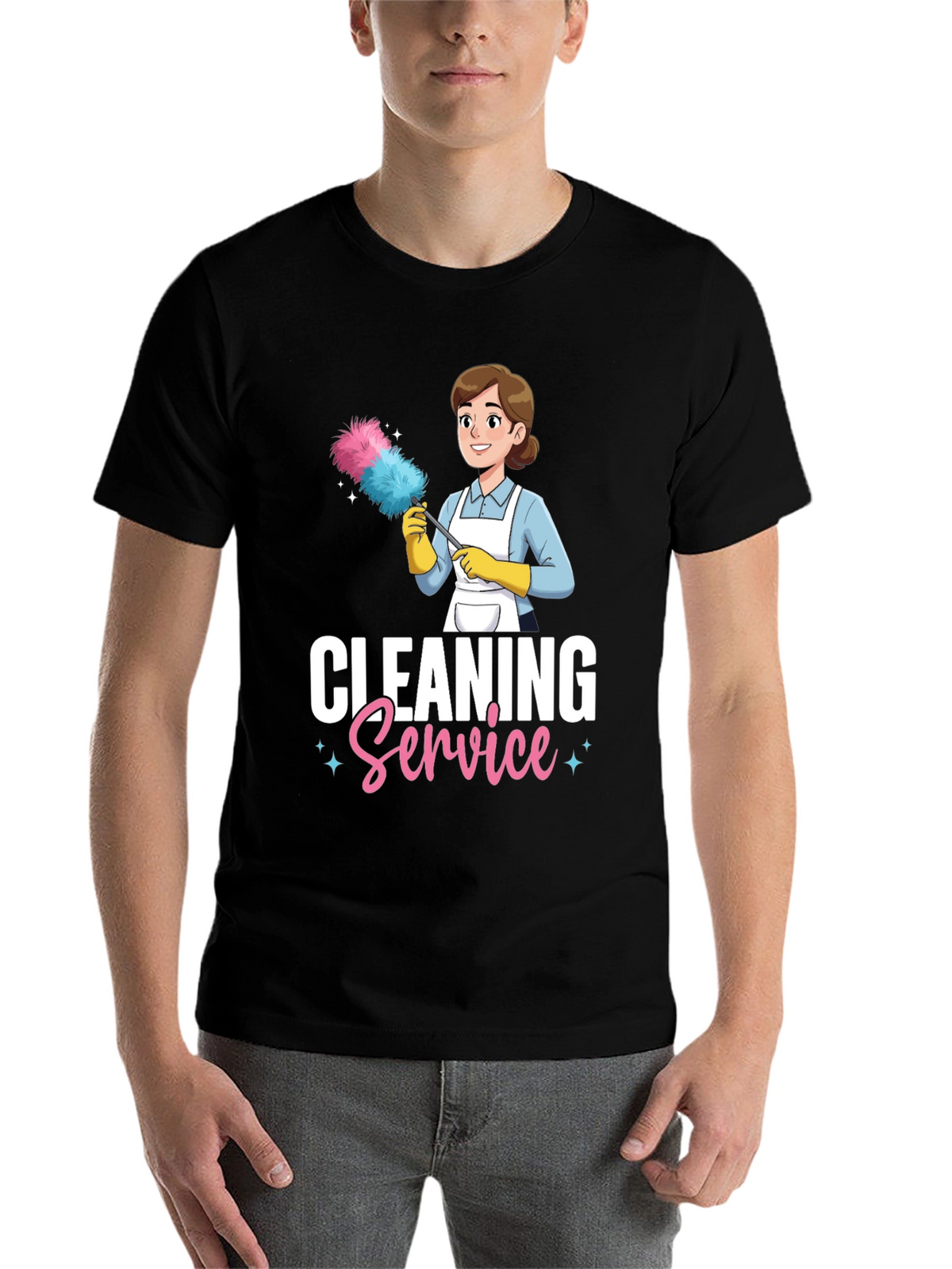 Cleaning Service Cartoon Graphic T-Shirt - Black
