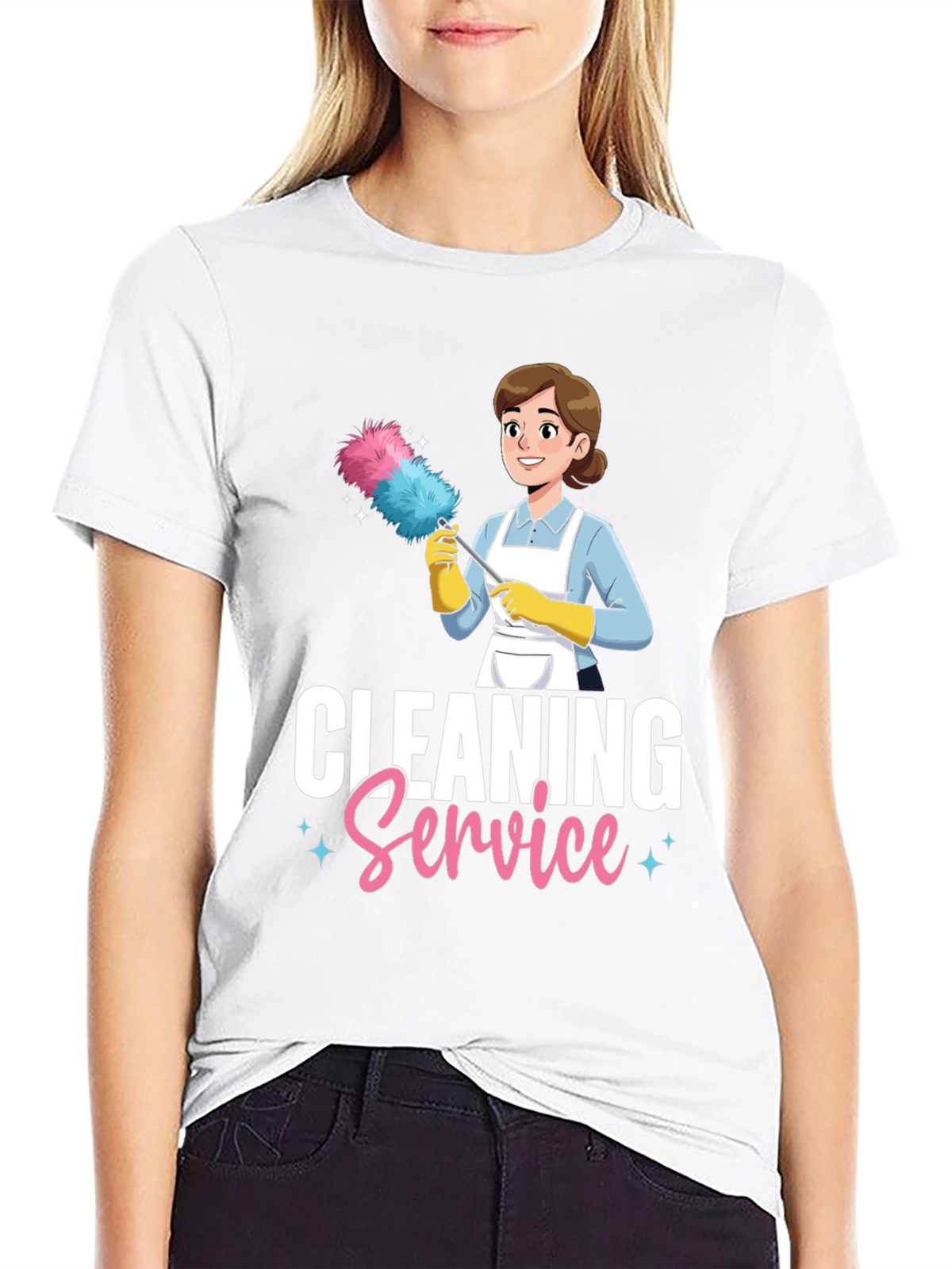 Cleaning Service Cartoon Graphic T-Shirt - Black