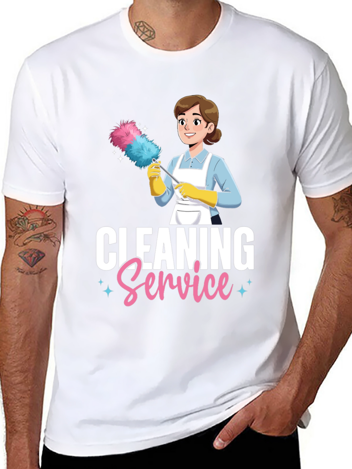 Cleaning Service Cartoon Graphic T-Shirt - Black