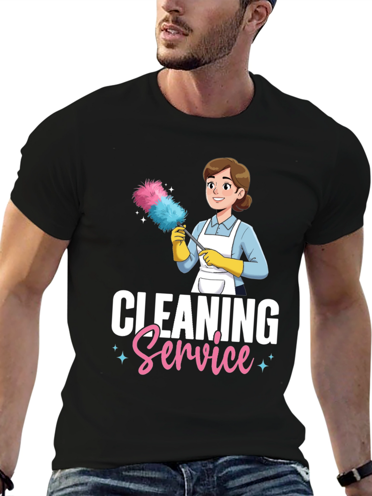 Cleaning Service Cartoon Graphic T-Shirt - Black