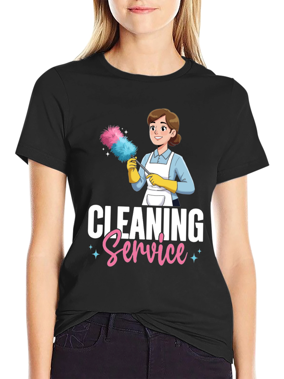 Cleaning Service Cartoon Graphic T-Shirt - Black