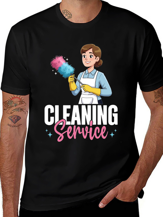 Cleaning Service Cartoon Graphic T-Shirt - Black