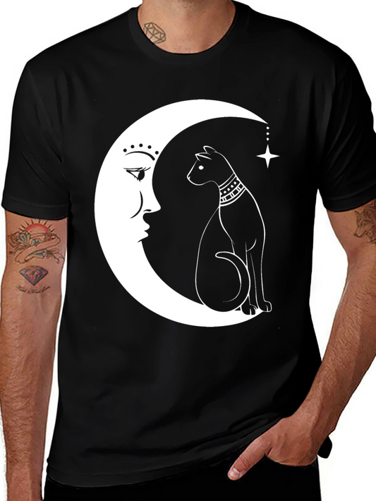 Mystic Moon Cat Graphic Tee - Soft Black Cotton Blend