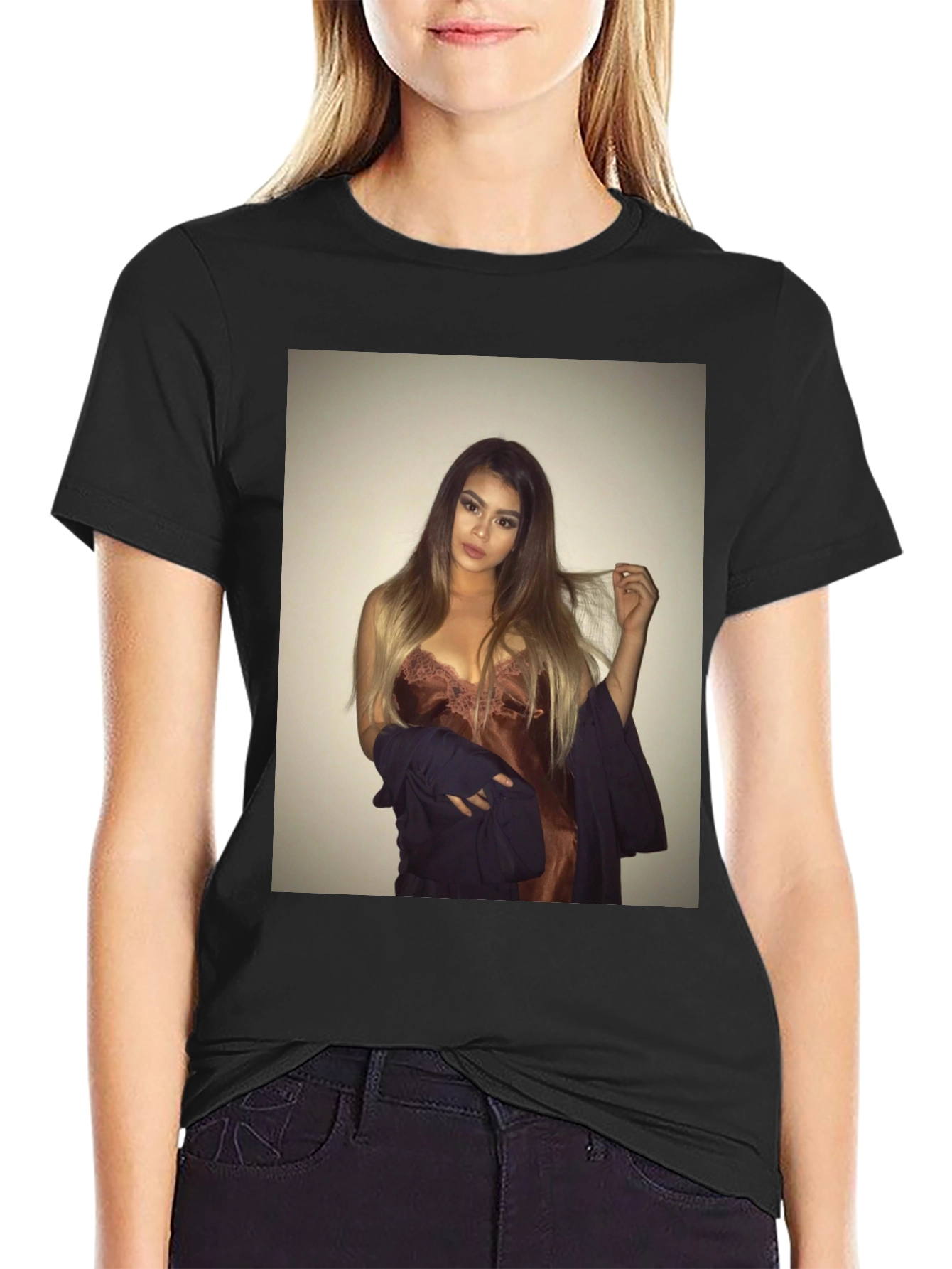 Black Tee with Glamorous Woman Graphic