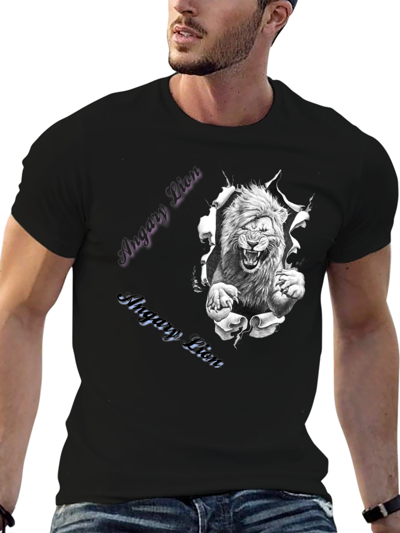Mens Angry Lion Graphic Print T-Shirt - Black