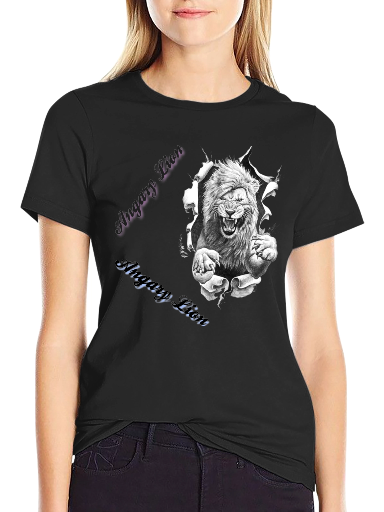 Mens Angry Lion Graphic Print T-Shirt - Black