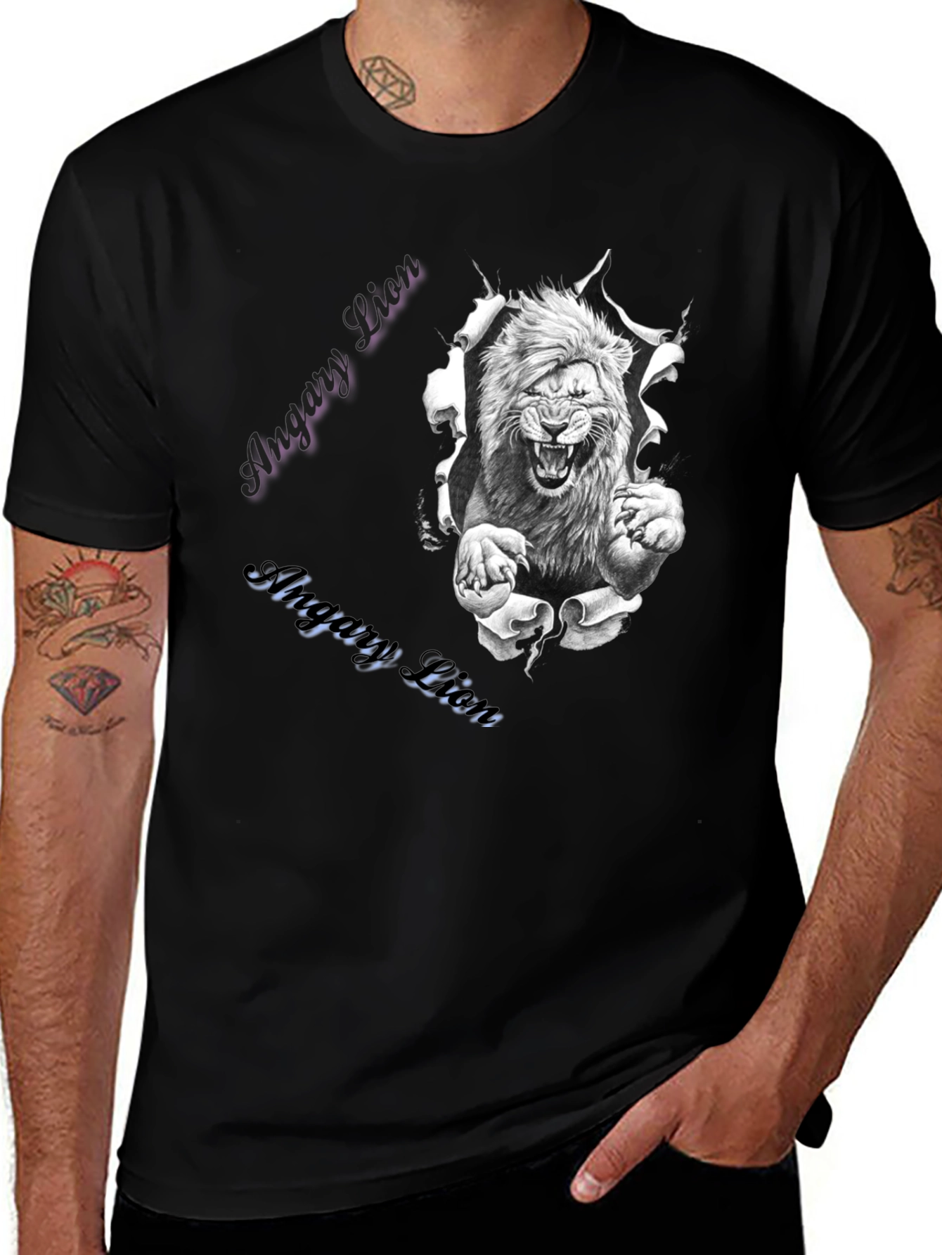 Mens Angry Lion Graphic Print T-Shirt - Black