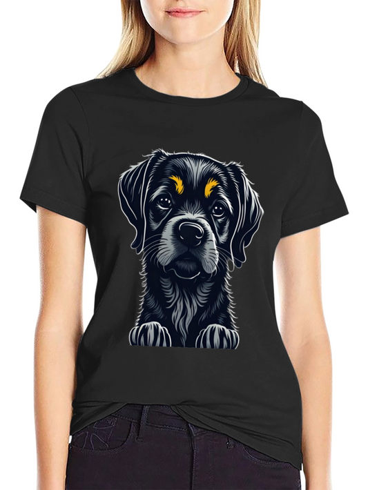 Cute Puppy Dog Graphic Tee - Black Cotton T-Shirt