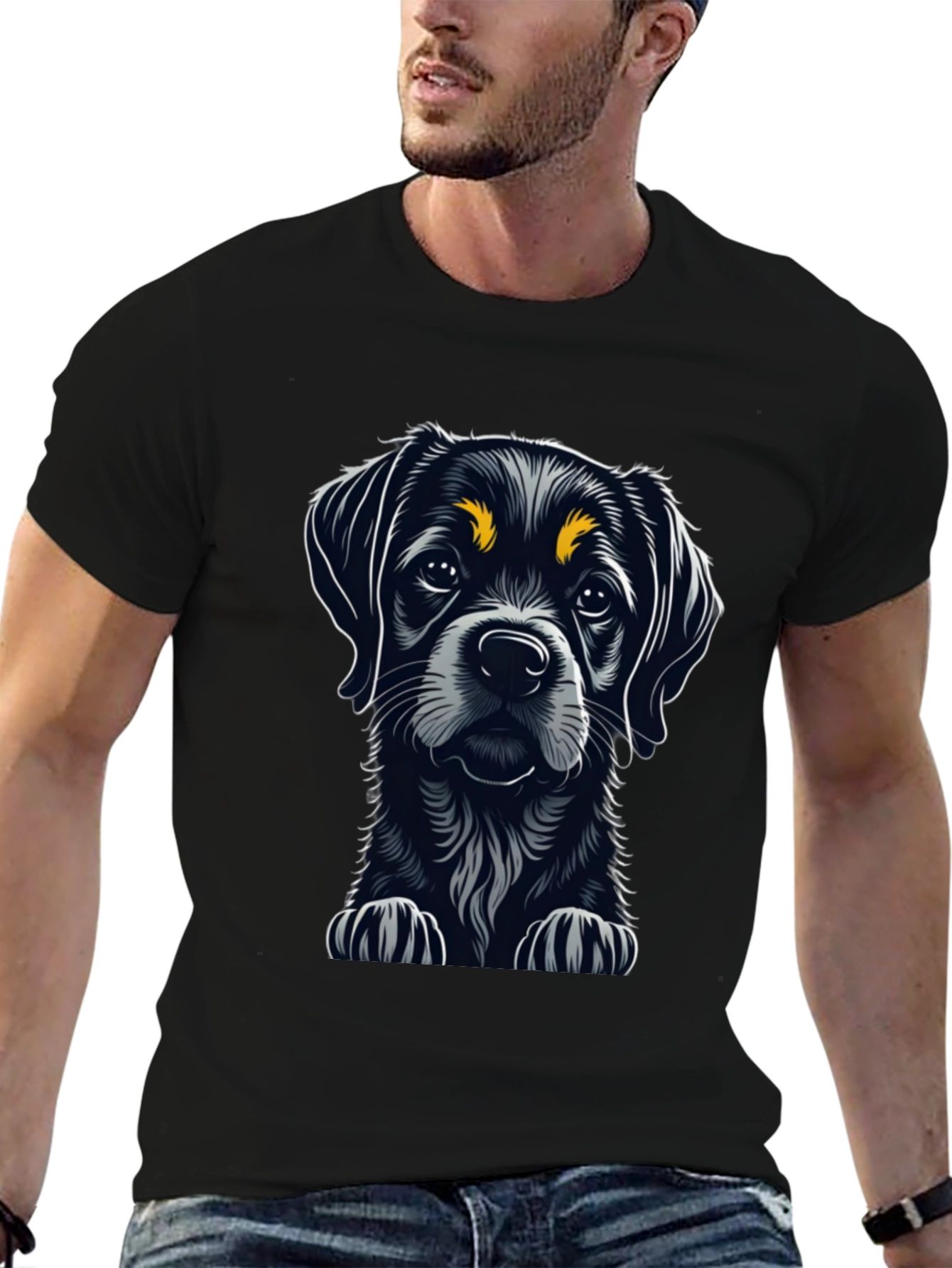 Cute Puppy Dog Graphic Tee - Black Cotton T-Shirt