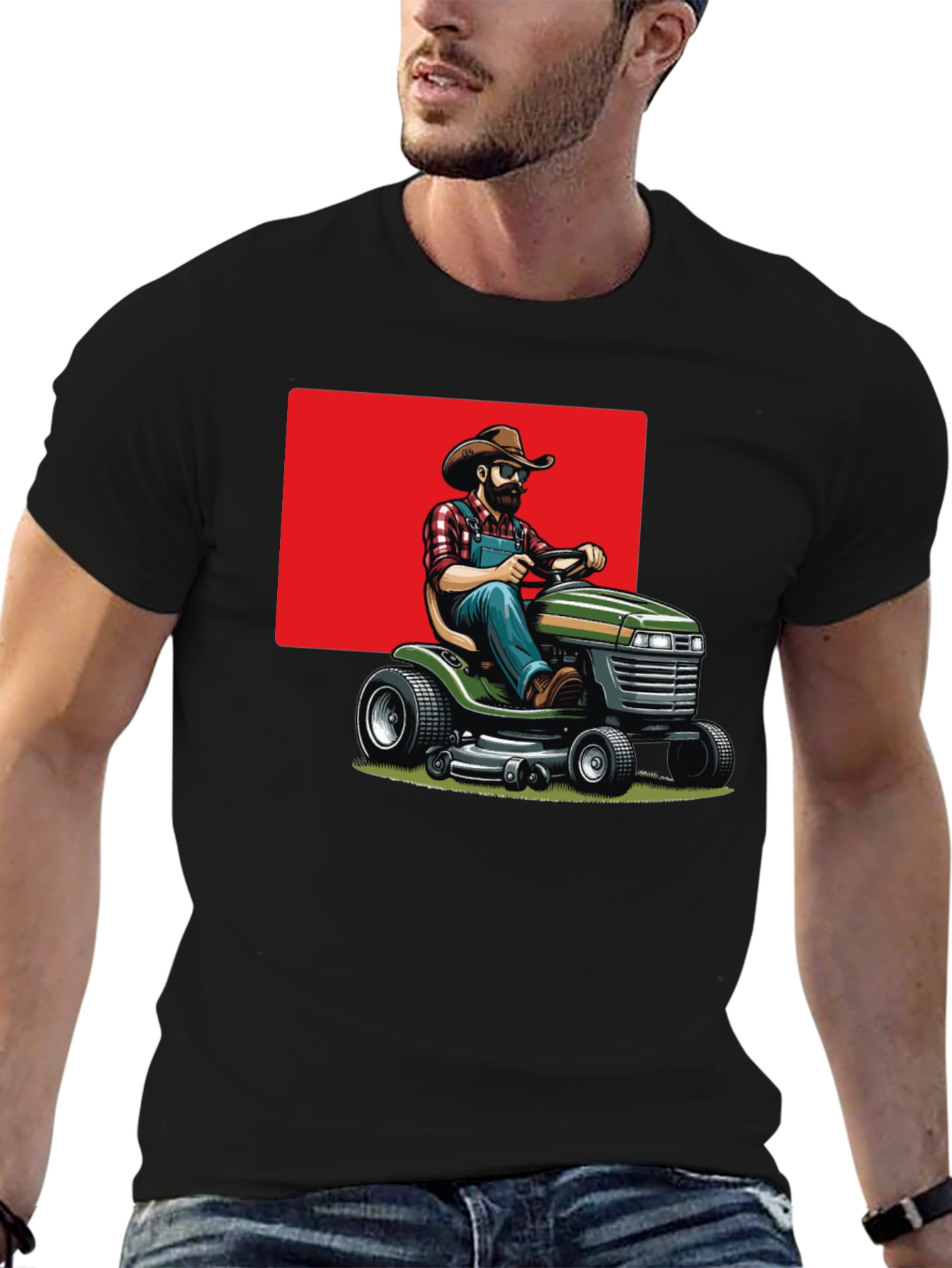 Man on Mower T-Shirt - Black Cotton Tee