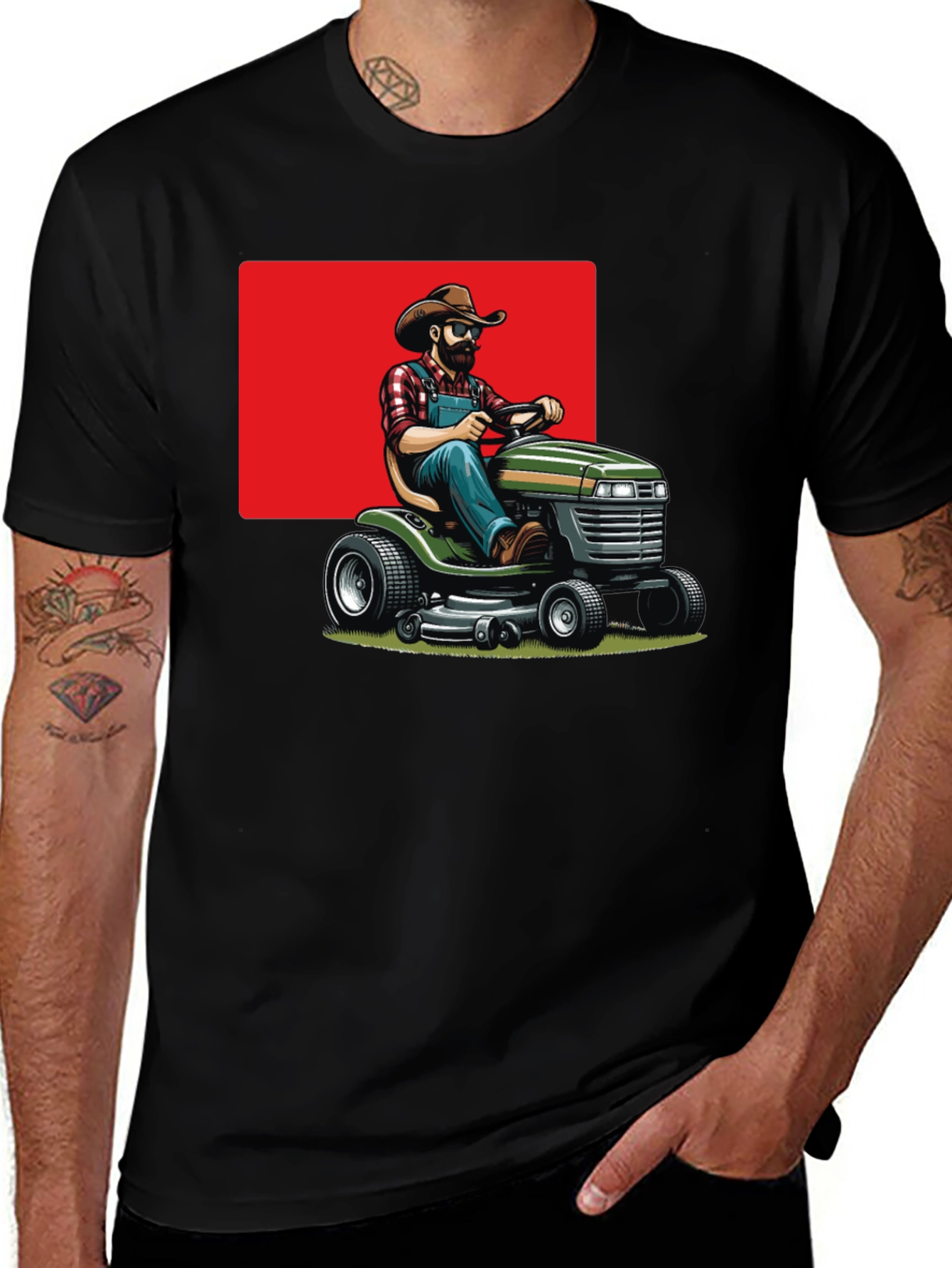 Man on Mower T-Shirt - Black Cotton Tee