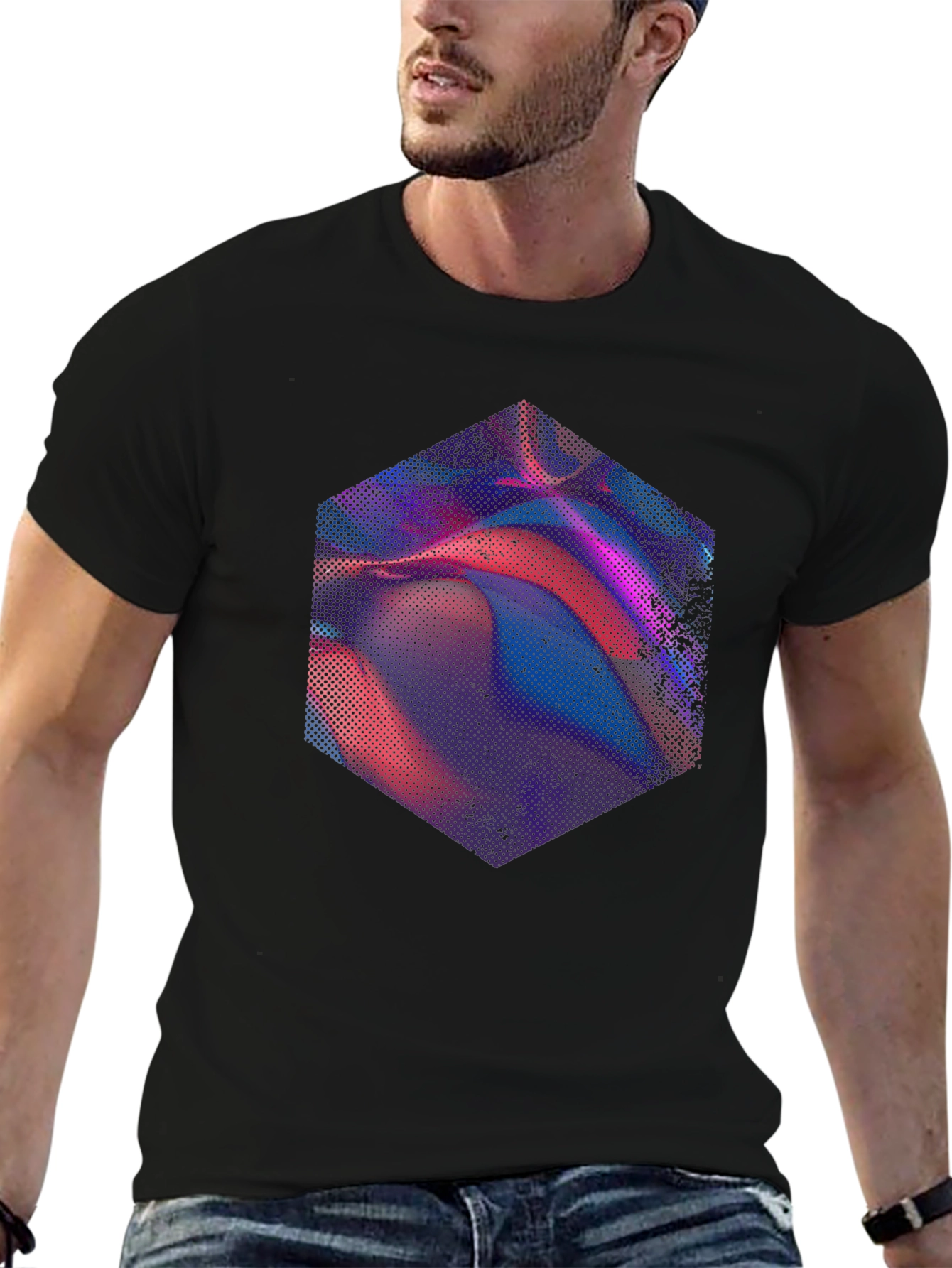 Abstract Hexagon Graphic Tee - Modern Mens Black T-Shirt