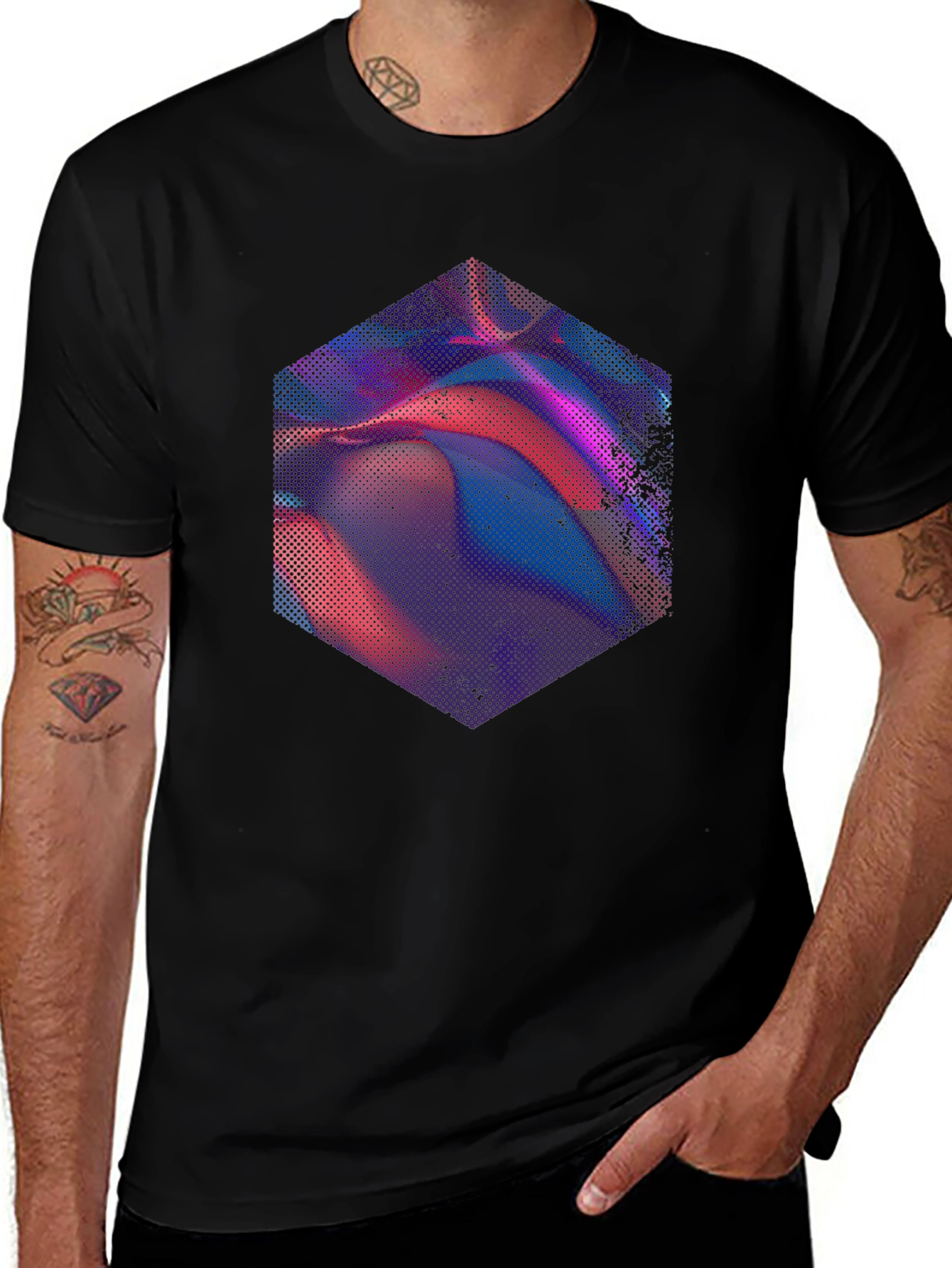 Abstract Hexagon Graphic Tee - Modern Mens Black T-Shirt