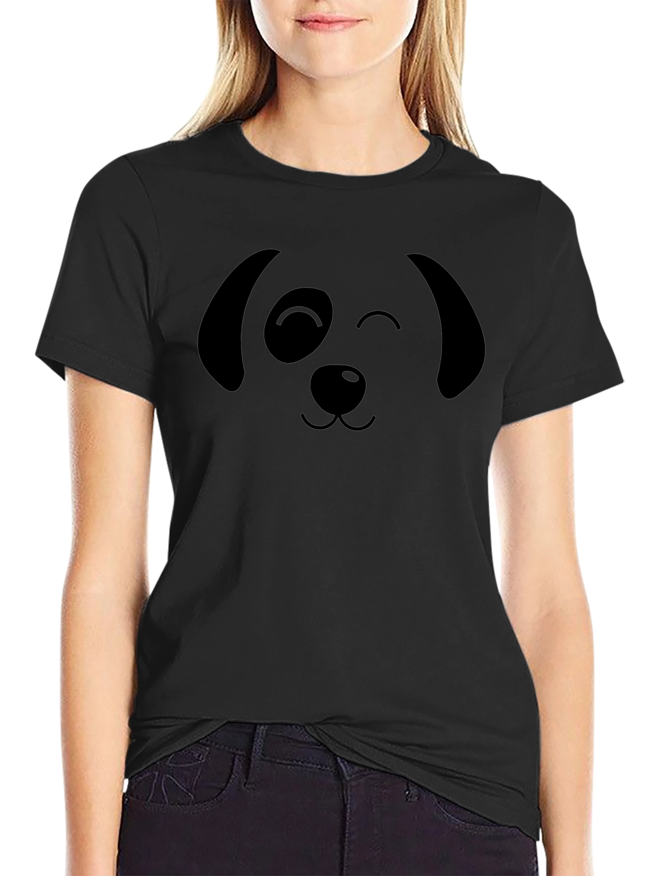 Cute Dog Face Graphic T-Shirt - Black