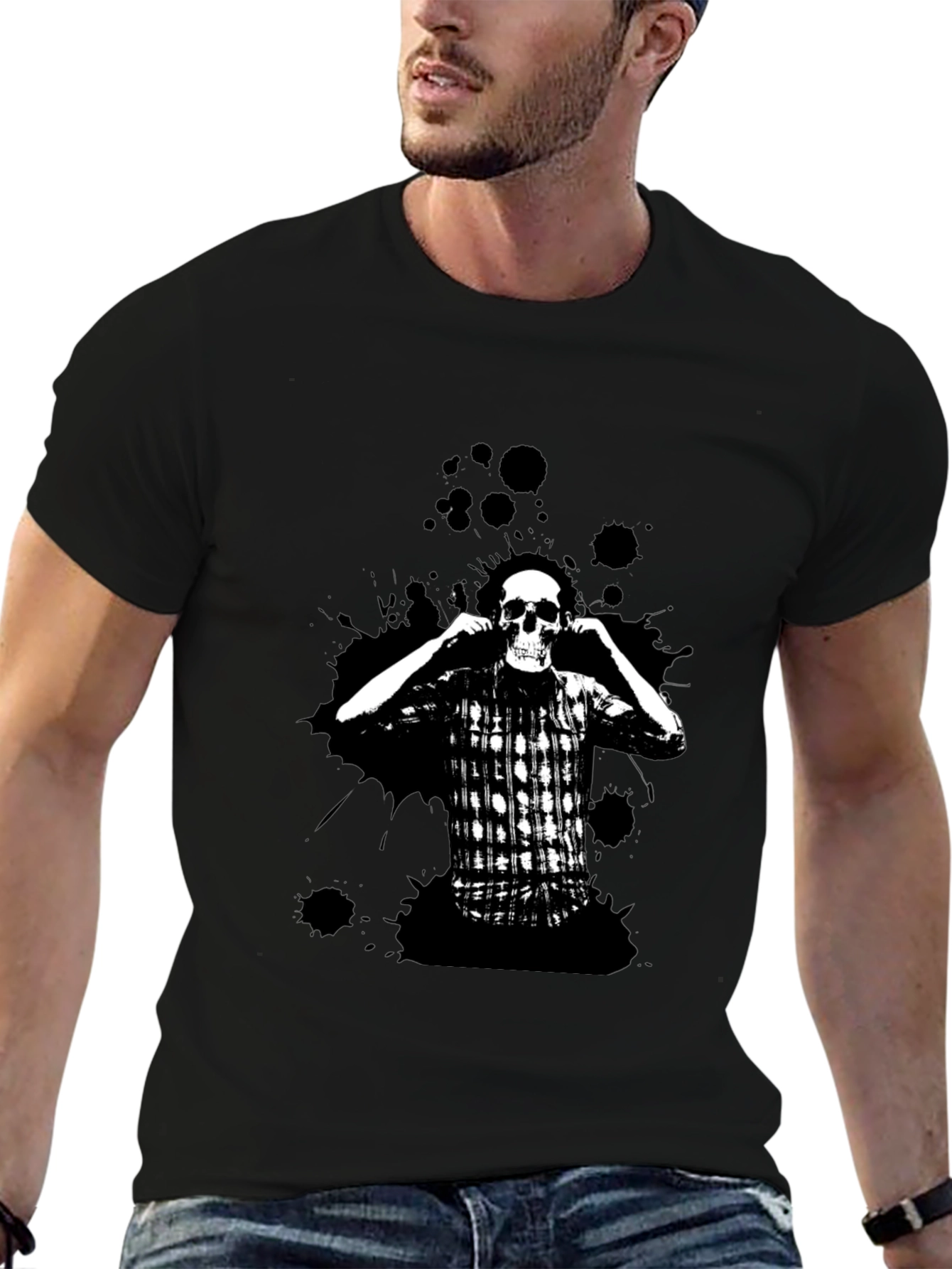 Skull & Plaid Graphic Black Tee