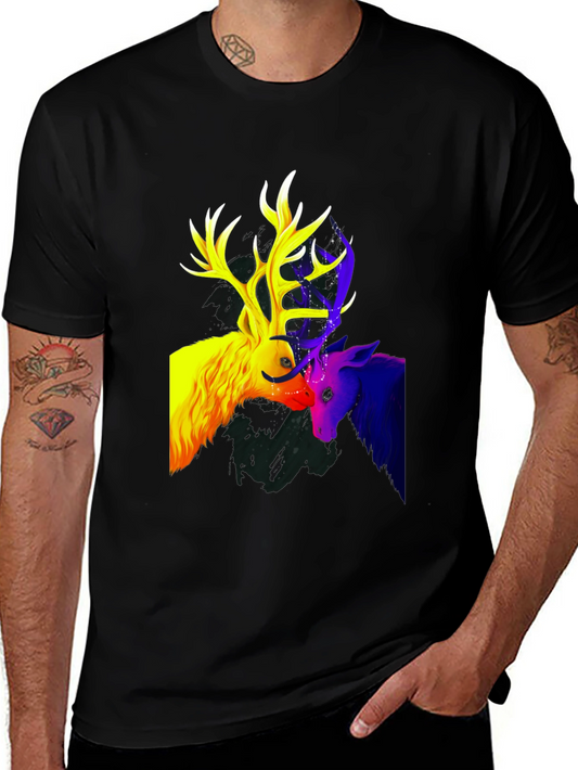 Colorful Deer Graphic Tee - Stylish Mens Black T-Shirt