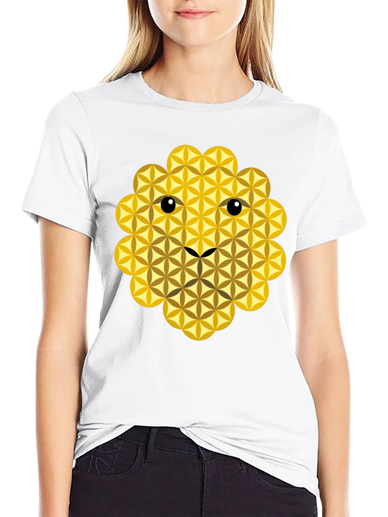 Geometric Flower of Life Lion Face Black T-Shirt