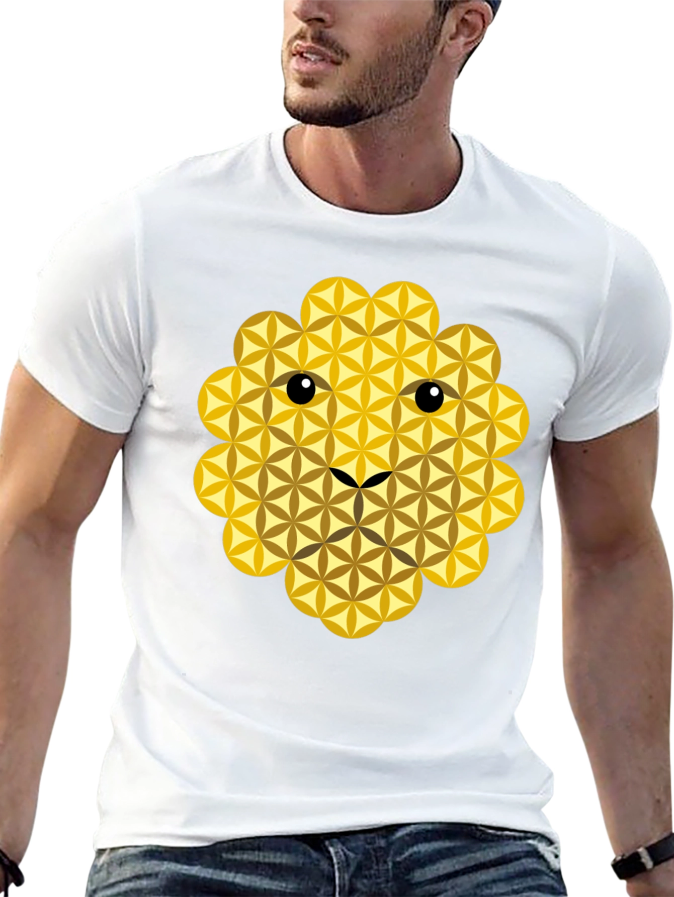 Geometric Flower of Life Lion Face Black T-Shirt