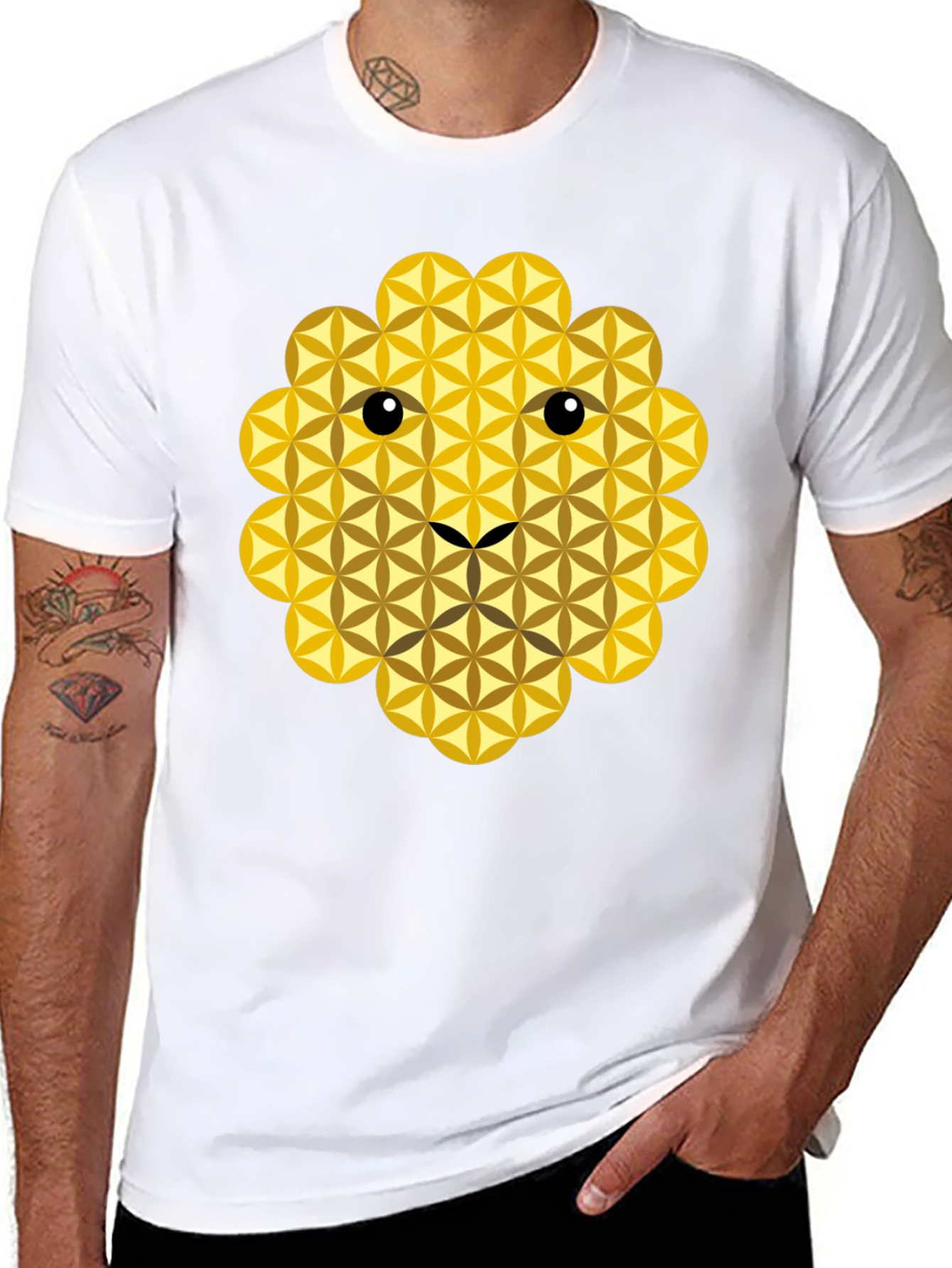 Geometric Flower of Life Lion Face Black T-Shirt
