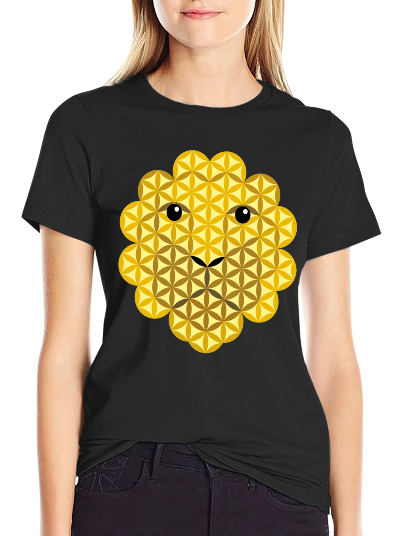 Geometric Flower of Life Lion Face Black T-Shirt