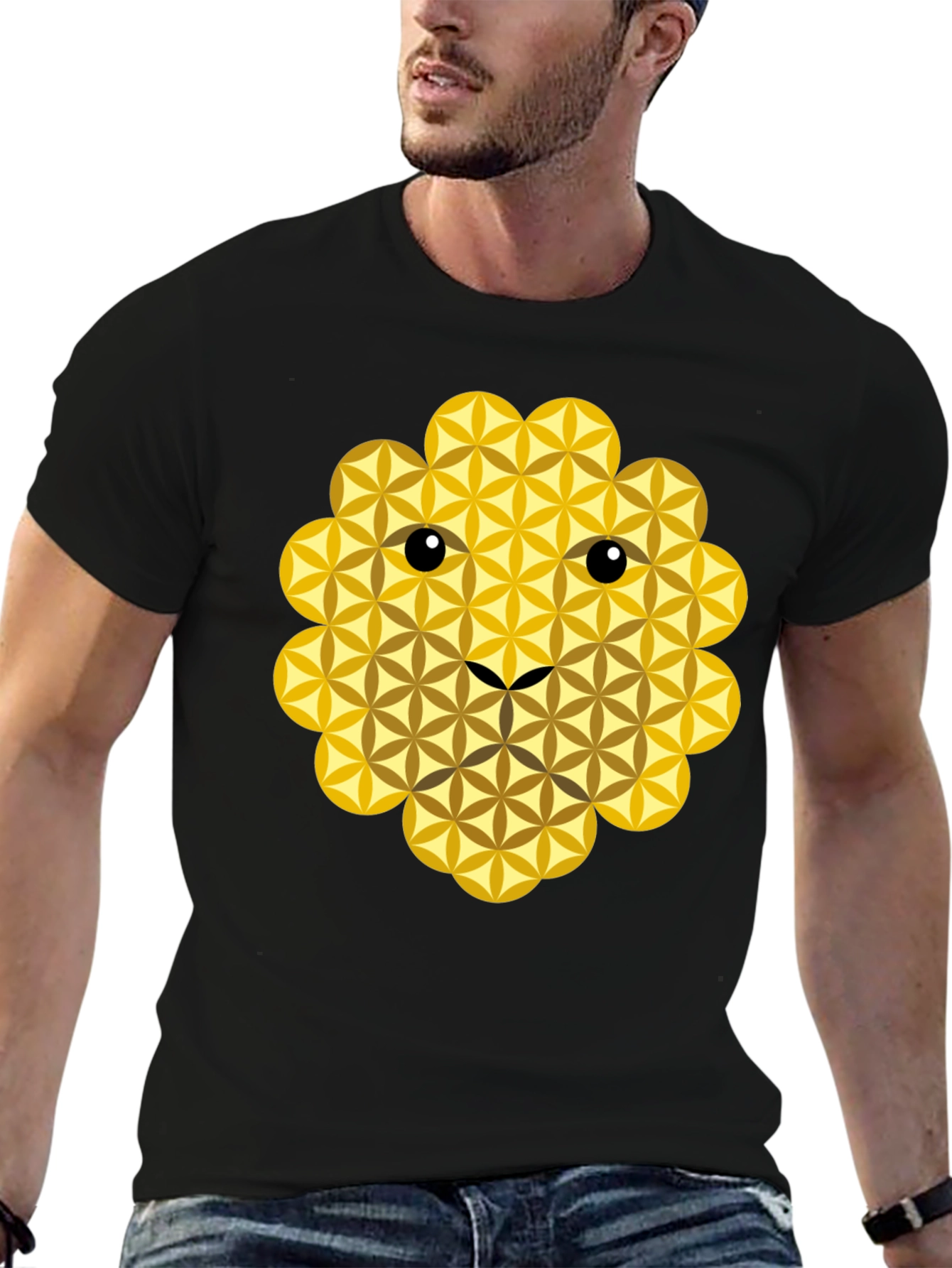 Geometric Flower of Life Lion Face Black T-Shirt