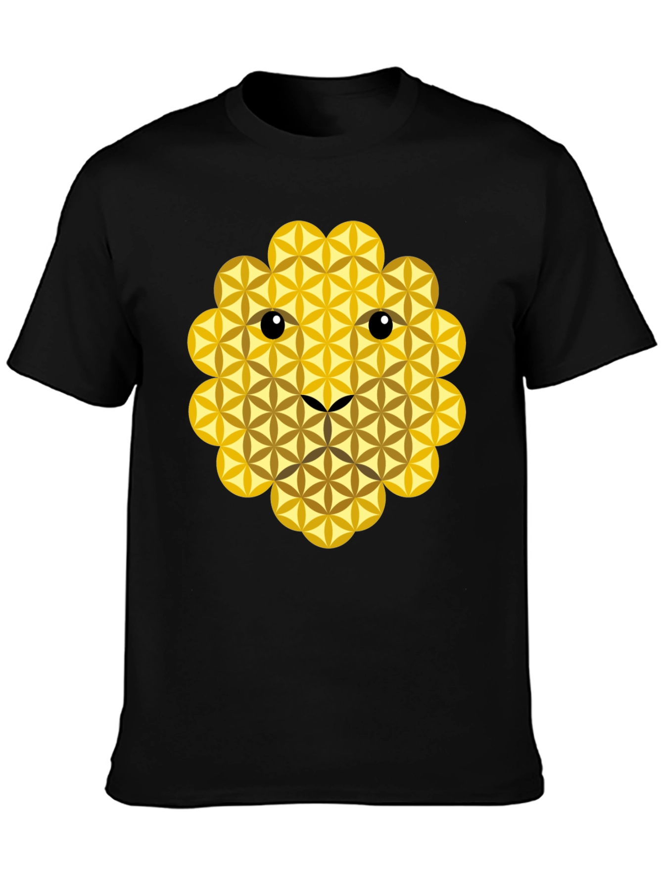 Geometric Flower of Life Lion Face Black T-Shirt