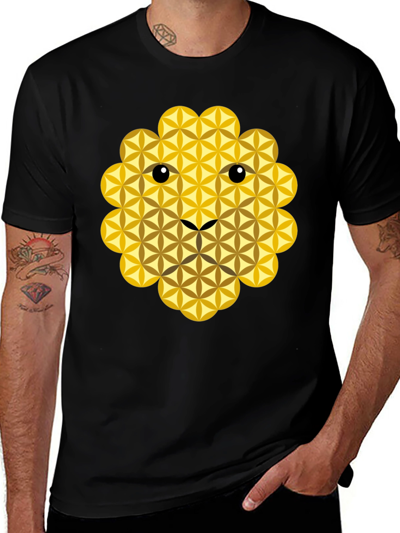 Geometric Flower of Life Lion Face Black T-Shirt