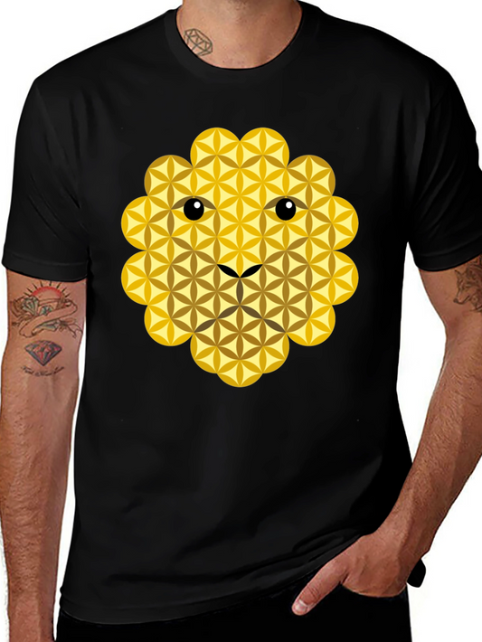 Geometric Flower of Life Lion Face Black T-Shirt