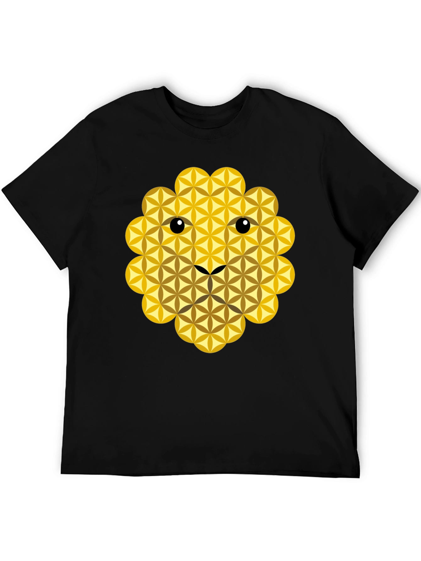 Geometric Flower of Life Lion Face Black T-Shirt