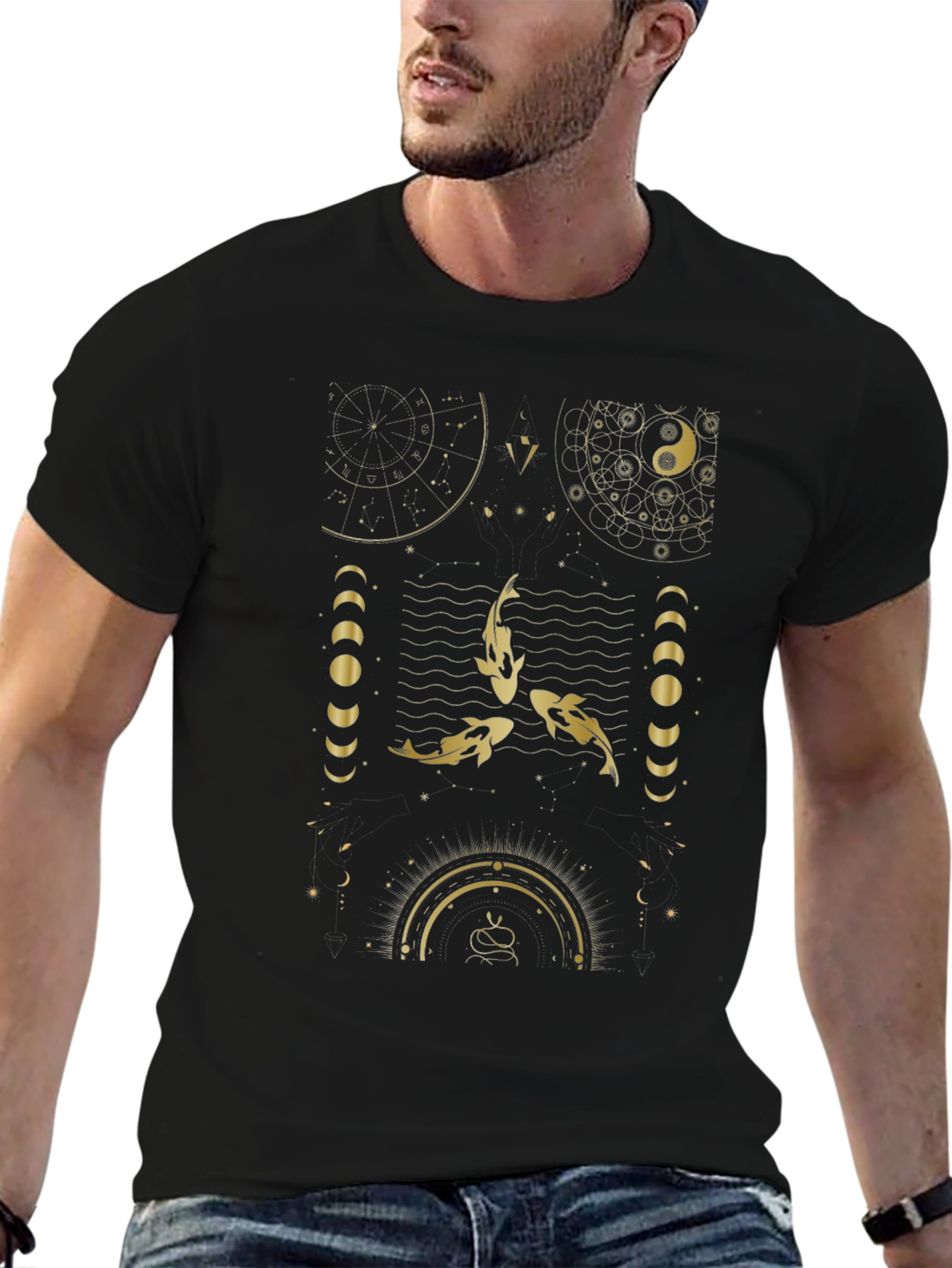 Celestial Koi Fish Graphic Black T-Shirt