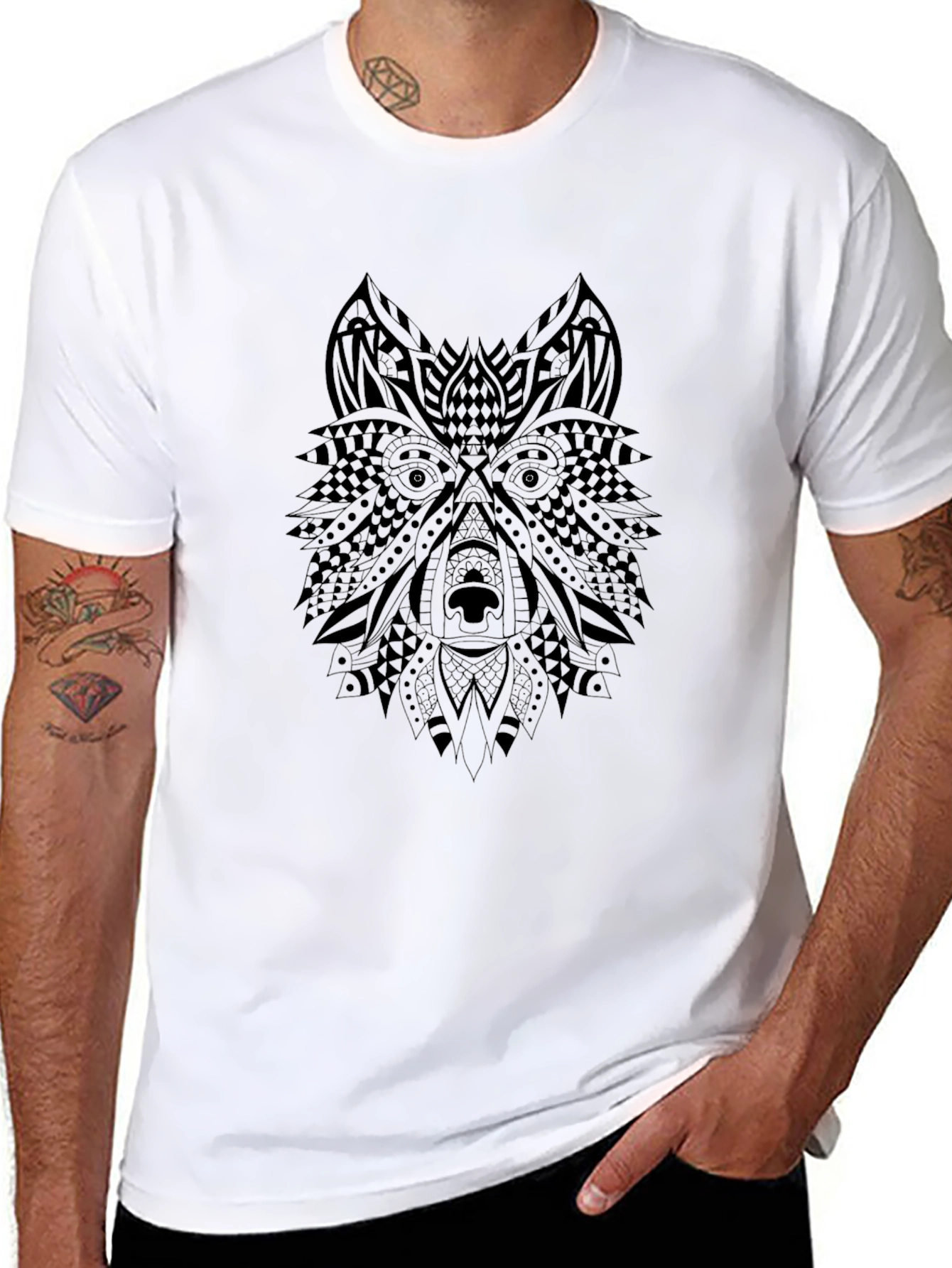 Tribal Wolf Graphic Black T-Shirt