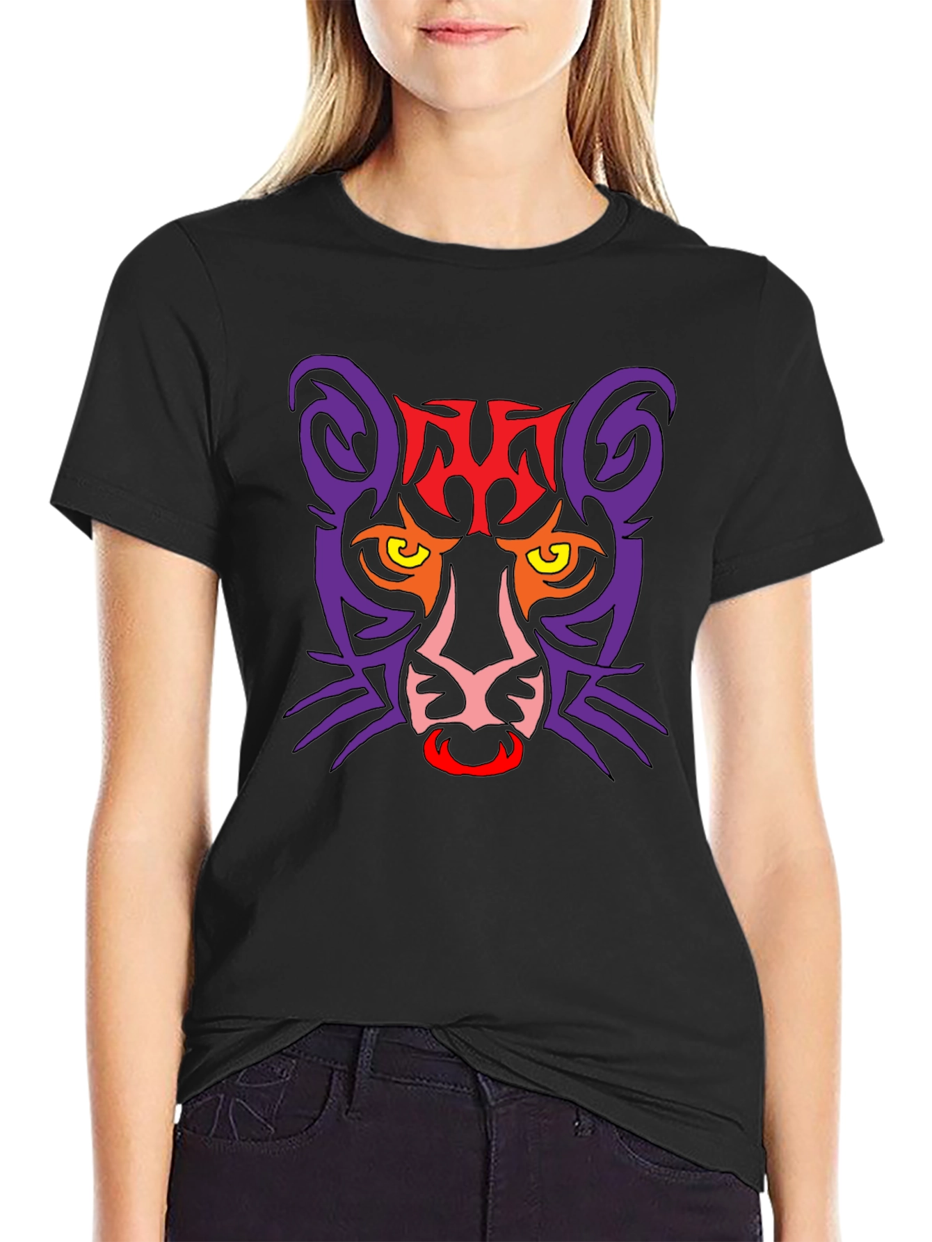 Tribal Cat Graphic Black T-Shirt