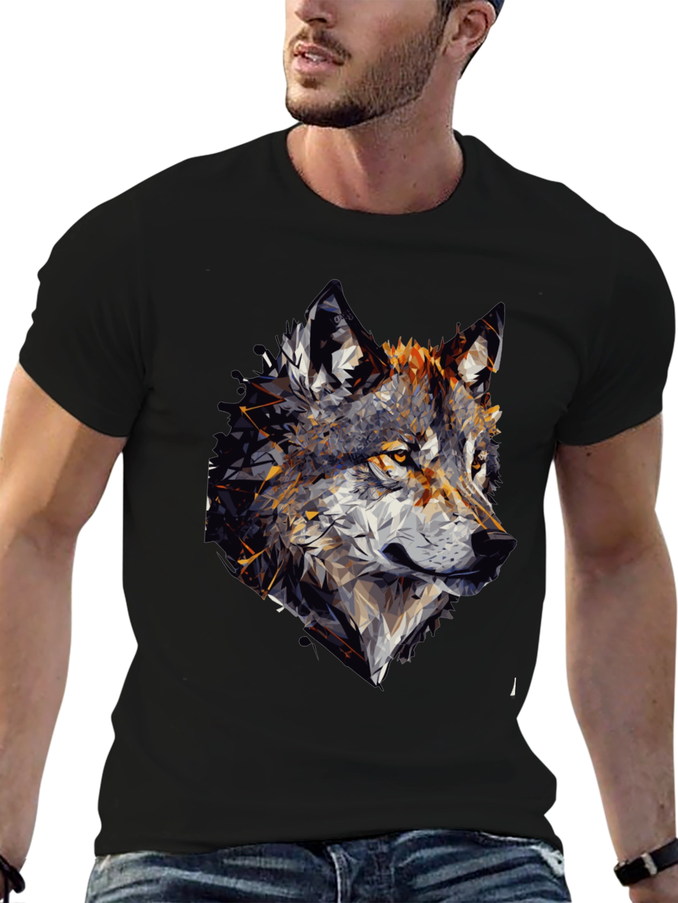 Geometric Wolf Graphic Black Tee Shirt for Men