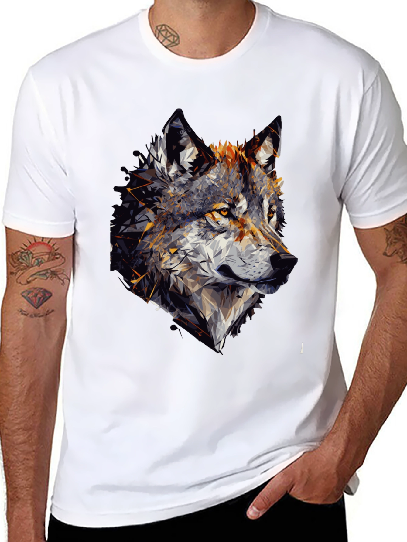 Geometric Wolf Graphic Black Tee Shirt for Men